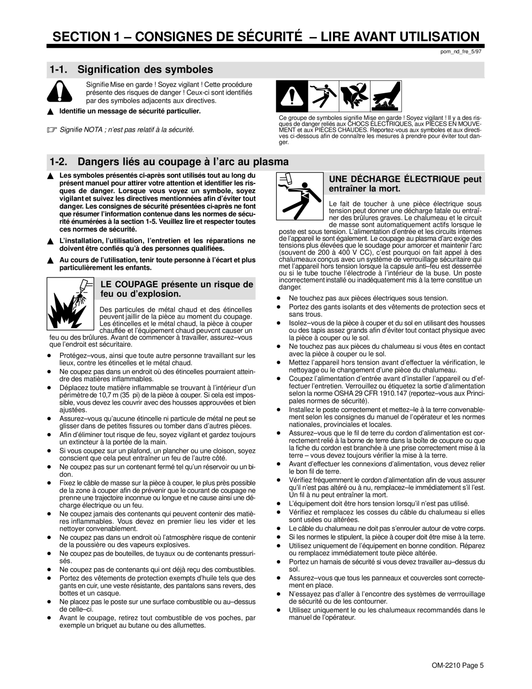 Hobart Welding Products OM-2210 manual Signification des symboles, LE Coupage pré sente un risque de feu ou d’explosion 