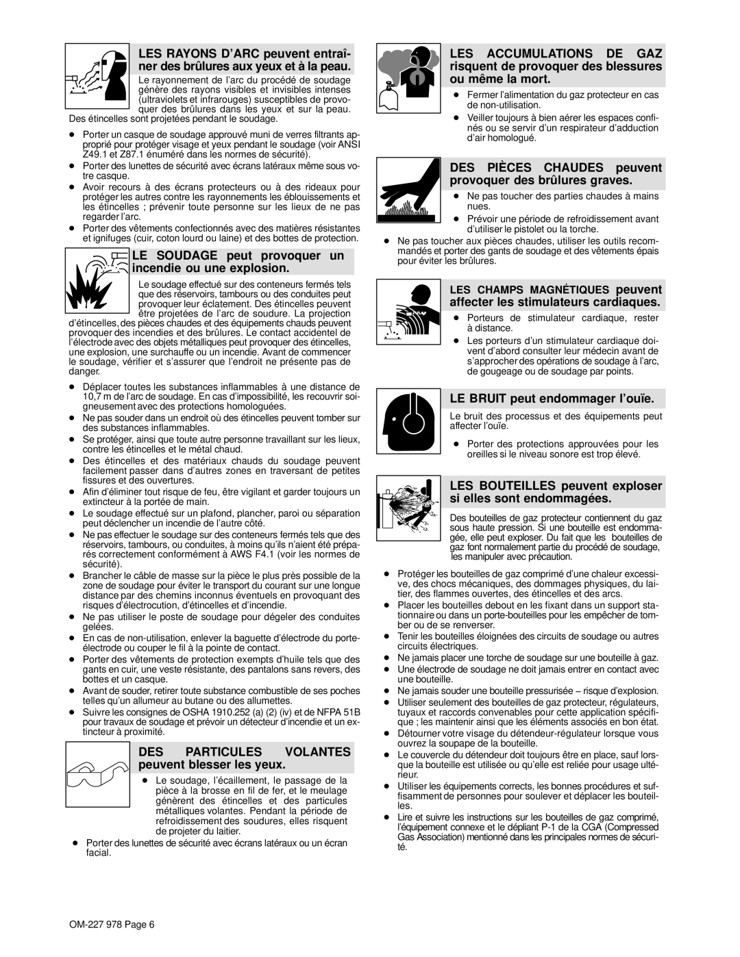 Hobart Welding Products OM-227 978B manual LE Soudage peut provoquer un incendie ou une explosion 