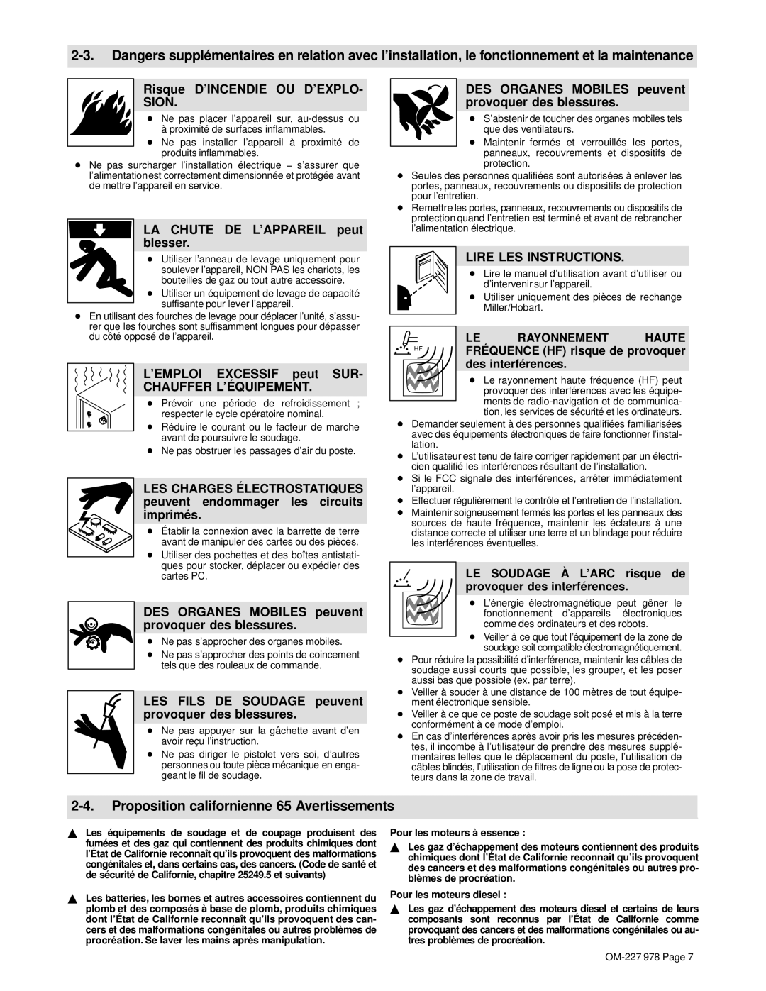 Hobart Welding Products OM-227 978B manual Risque D’INCENDIE OU D’EXPLO, LA Chute DE L’APPAREIL peut blesser 