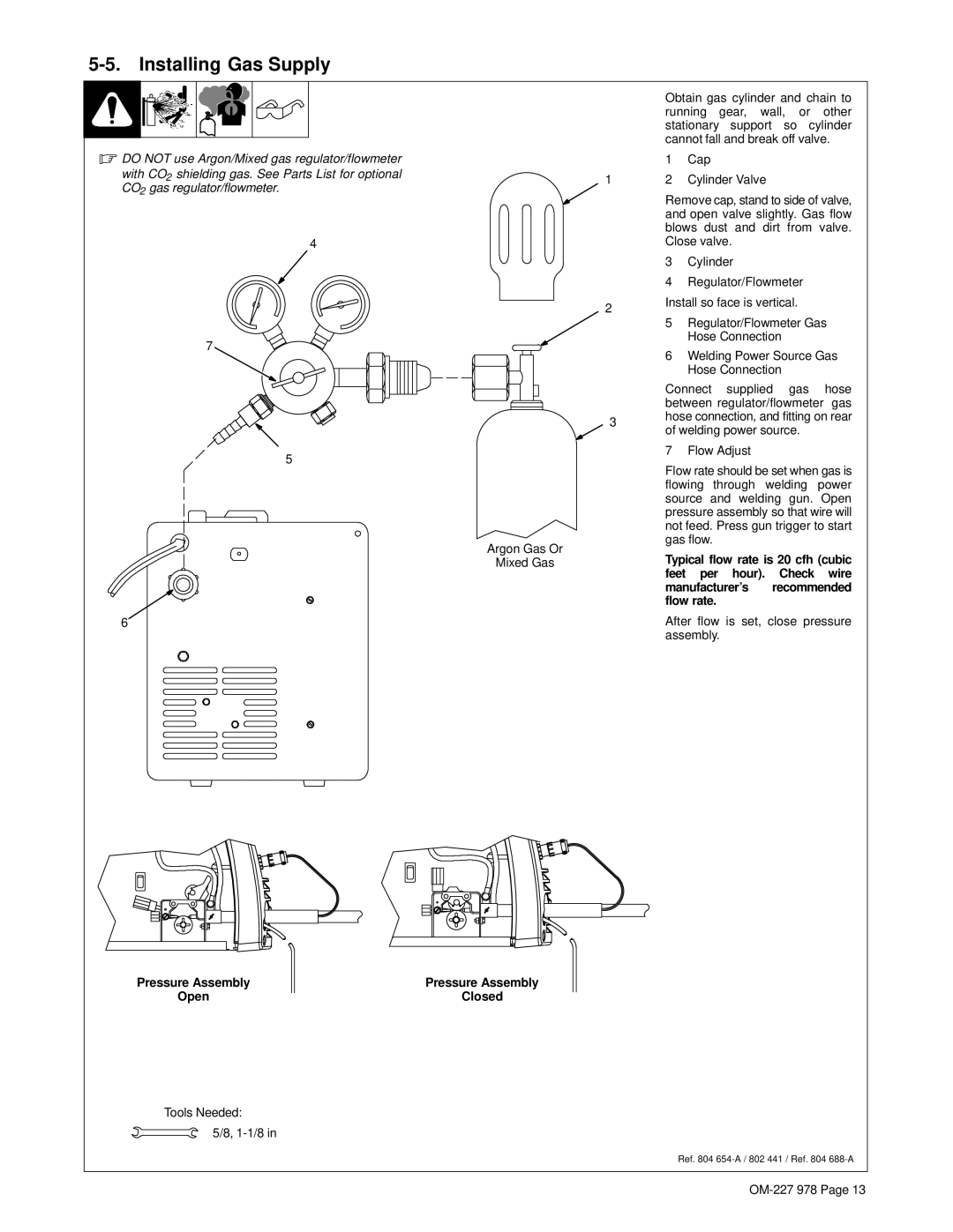 Hobart Welding Products OM-227 978B manual Installing Gas Supply 