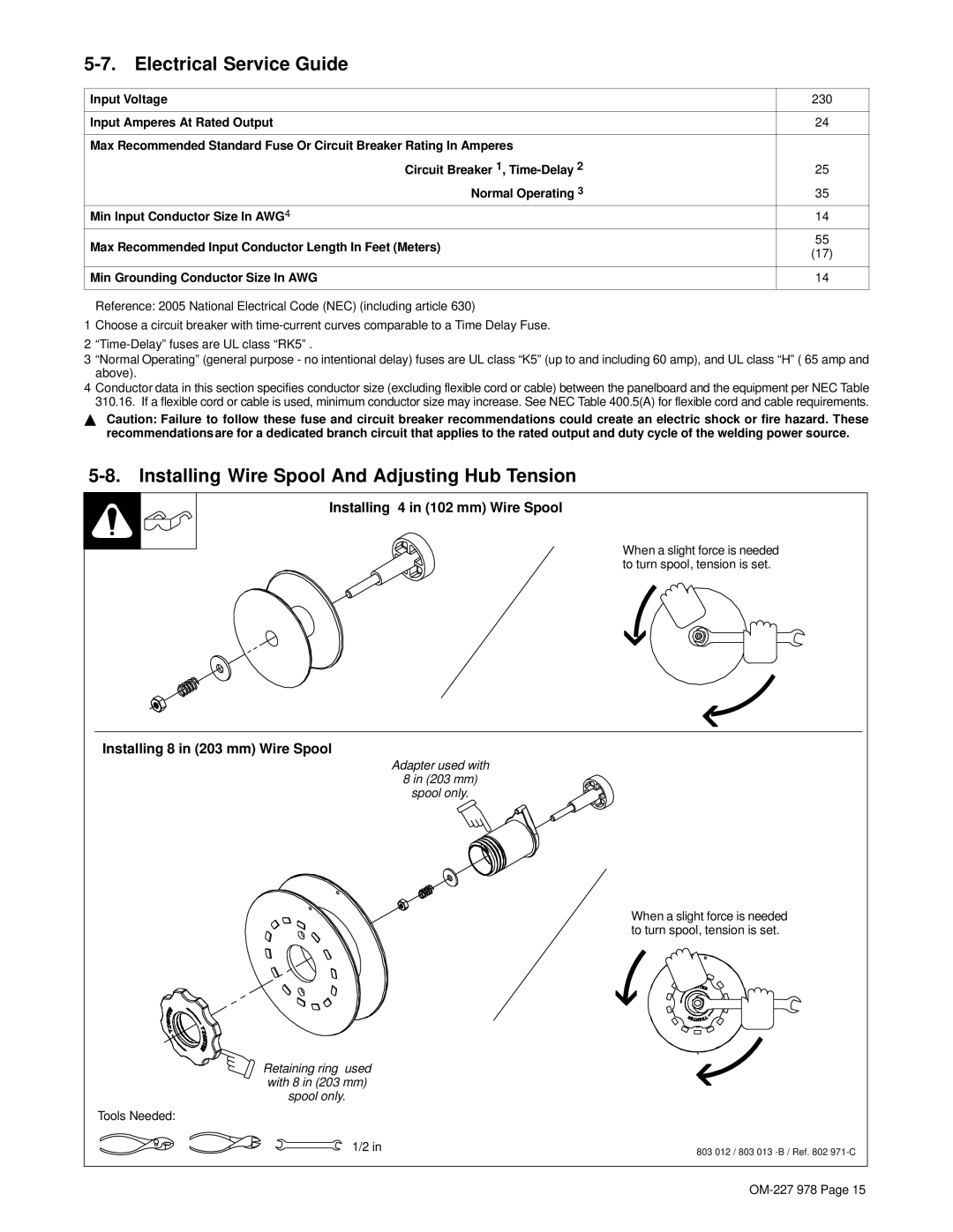 Hobart Welding Products OM-227 978B manual Electrical Service Guide, Installing Wire Spool And Adjusting Hub Tension 