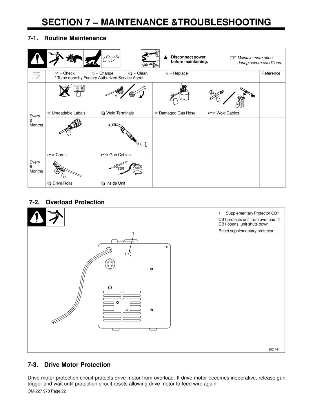 Hobart Welding Products OM-227 978B manual Maintenance &TROUBLESHOOTING, Routine Maintenance, Months 