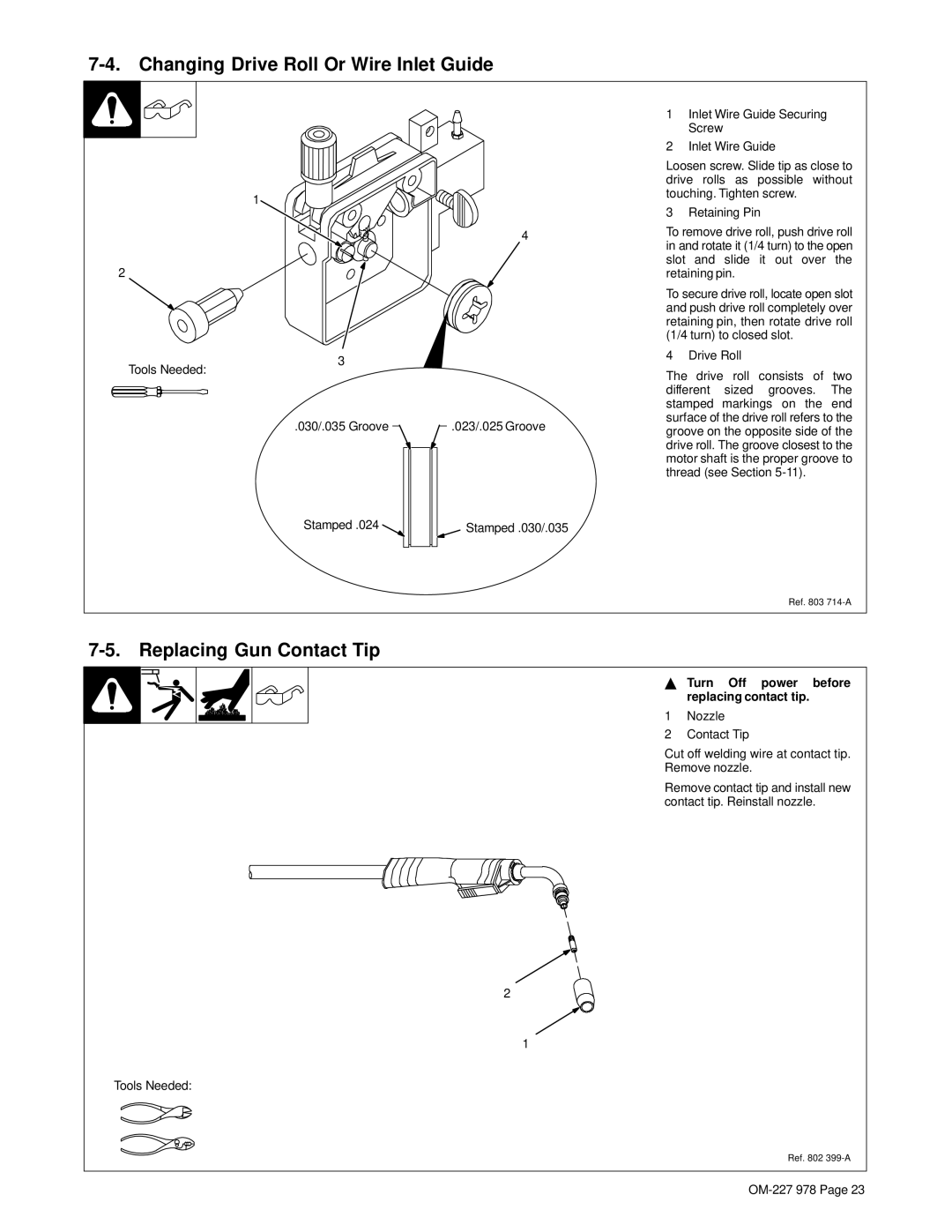 Hobart Welding Products OM-227 978B manual Changing Drive Roll Or Wire Inlet Guide, Replacing Gun Contact Tip 