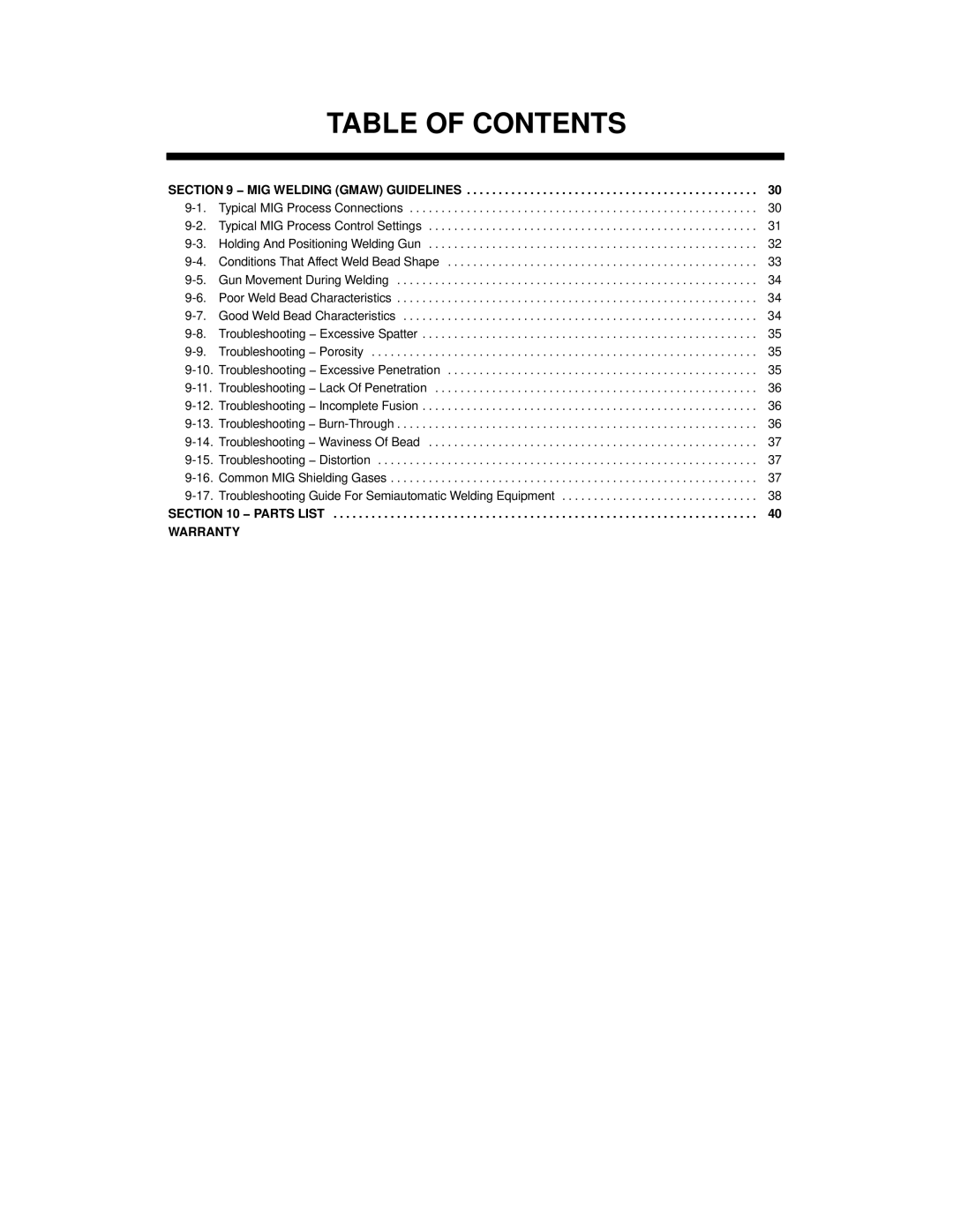 Hobart Welding Products OM-227 978B manual MIG Welding Gmaw Guidelines, Typical MIG Process Connections, Parts List 