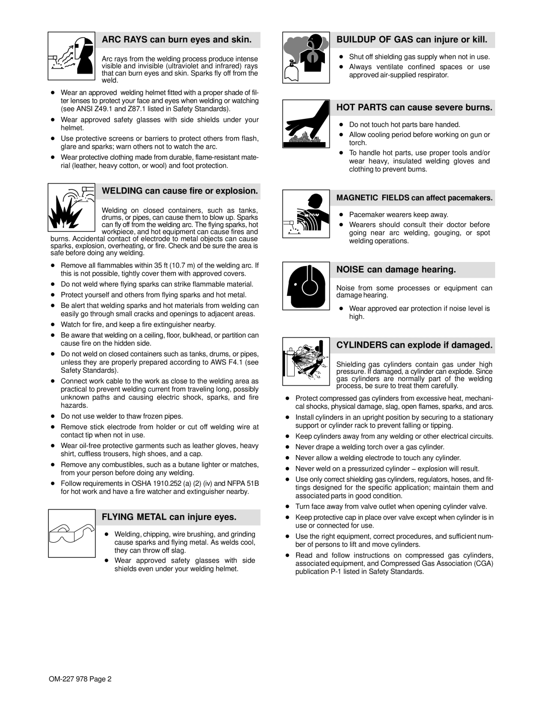 Hobart Welding Products OM-227 978B manual ARC Rays can burn eyes and skin, Welding can cause fire or explosion 