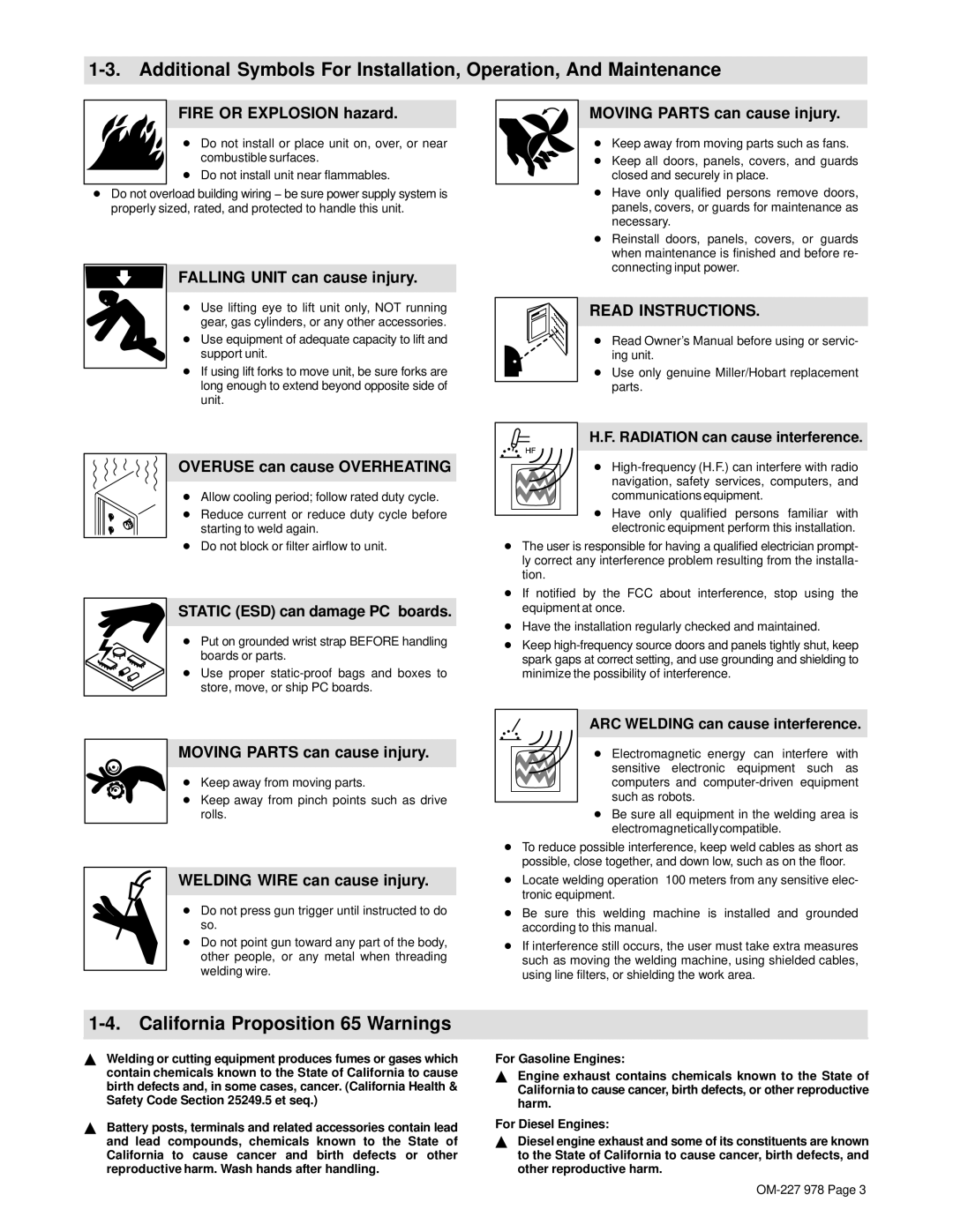 Hobart Welding Products OM-227 978B manual California Proposition 65 Warnings 