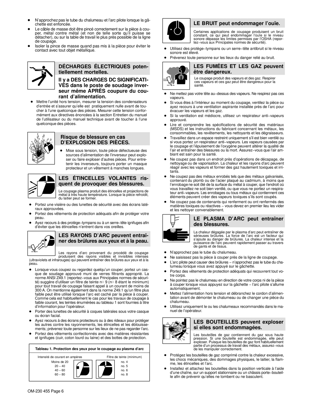 Hobart Welding Products OM-230 455D manual Risque de blessure en cas, LE Bruit peut endommager l’ouïe 