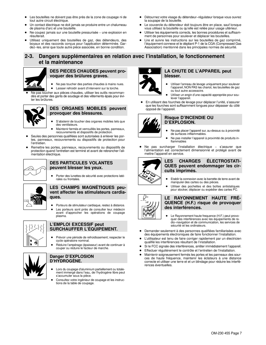 Hobart Welding Products OM-230 455D manual DES Pieces Chaudes peuvent pro- voquer des brûlures graves, Risque D’INCENDIE OU 