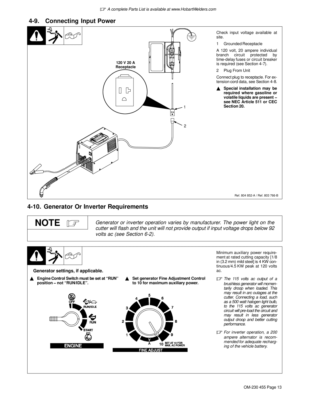 Hobart Welding Products OM-230 455D manual Connecting Input Power, Generator Or Inverter Requirements, Plug From Unit 