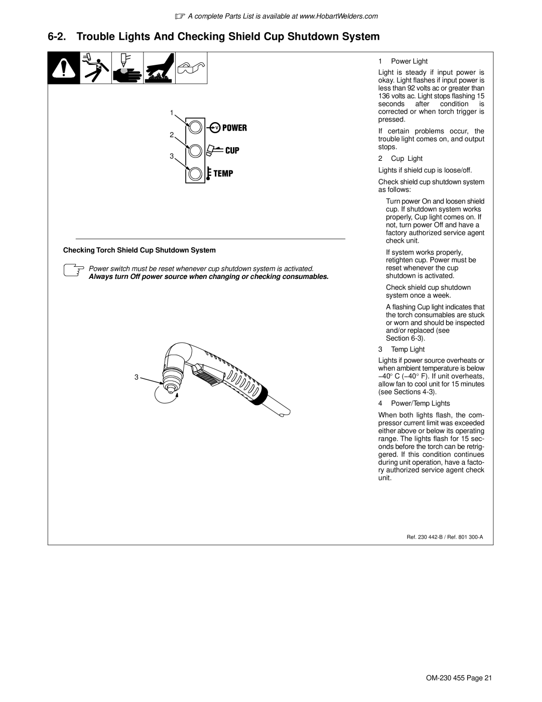 Hobart Welding Products OM-230 455D manual Trouble Lights And Checking Shield Cup Shutdown System 