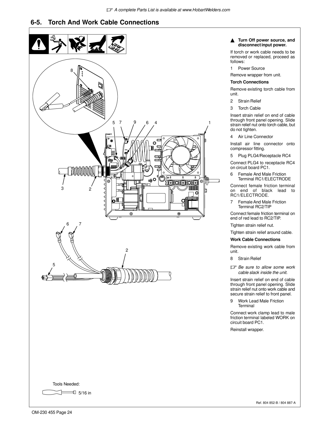 Hobart Welding Products OM-230 455D manual Torch And Work Cable Connections, Torch Connections 