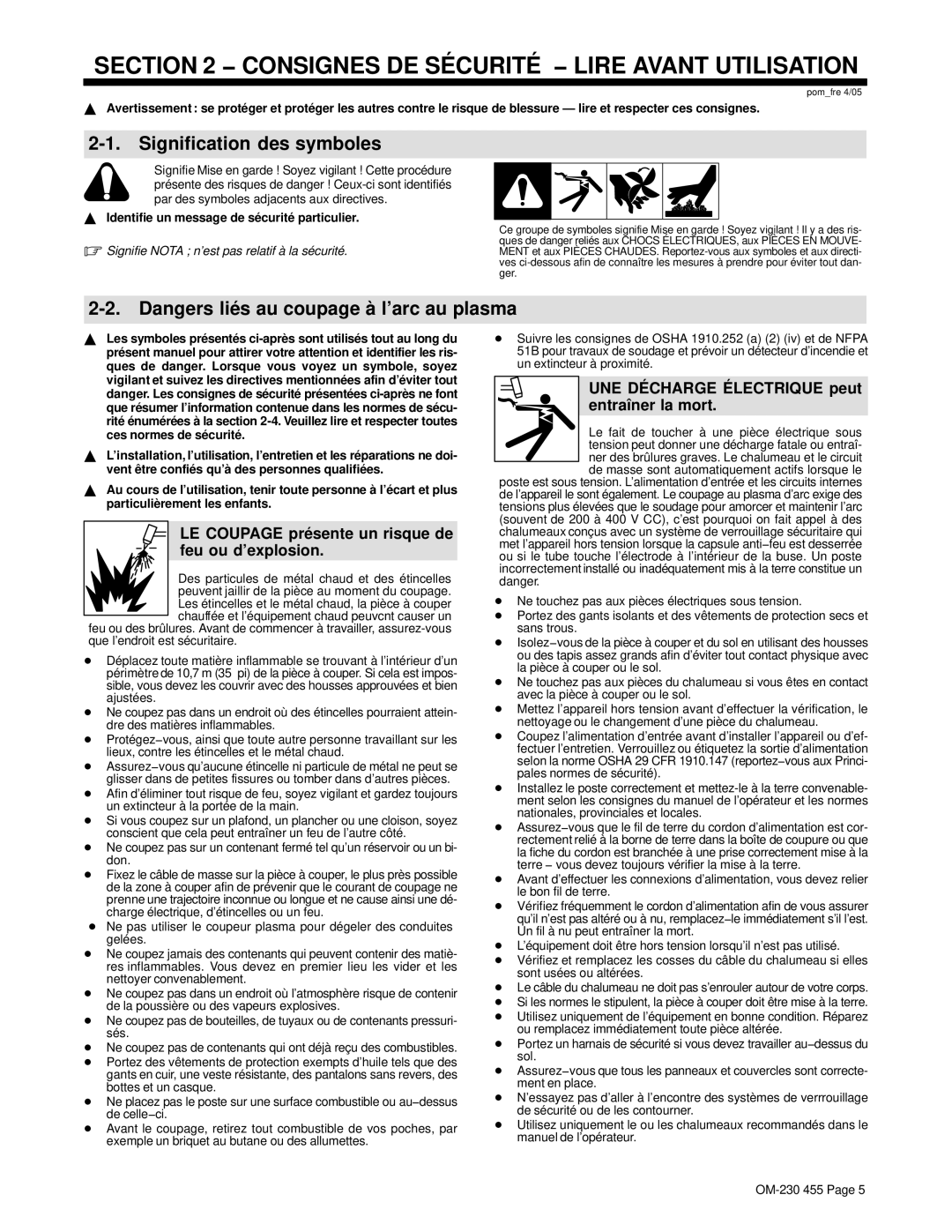 Hobart Welding Products OM-230 455D manual Signification des symboles, LE Coupage présente un risque de feu ou d’explosion 