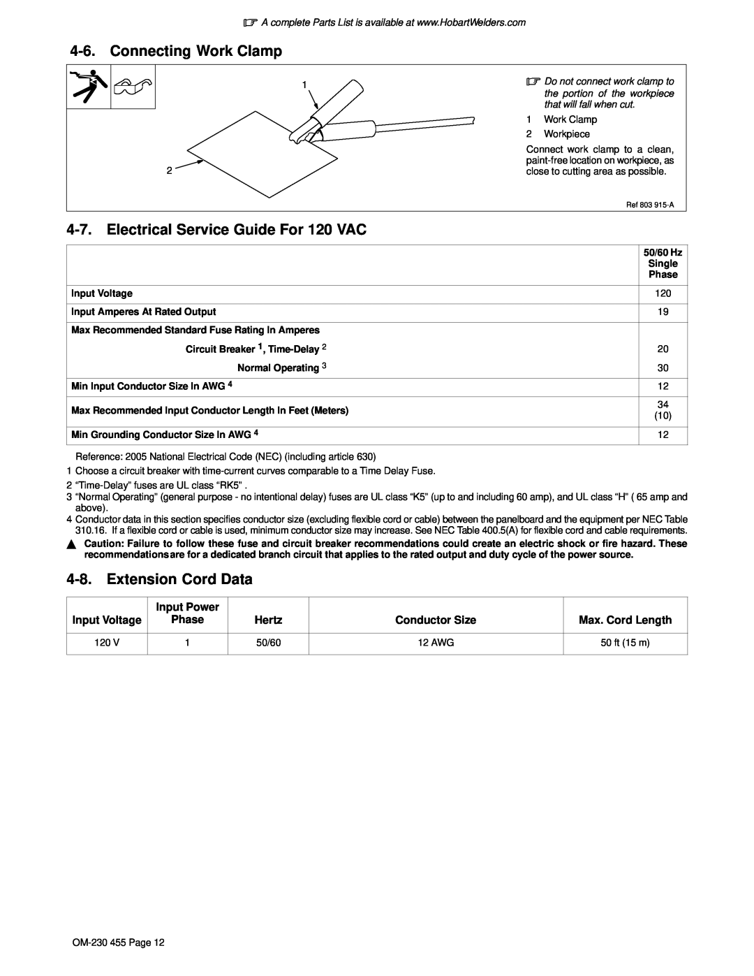 Hobart Welding Products OM-230 455D manual Connecting Work Clamp, Electrical Service Guide For 120 VAC, Extension Cord Data 