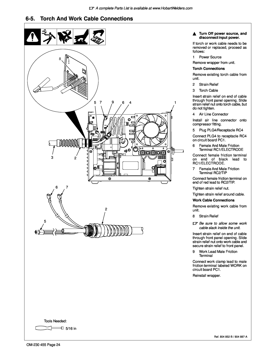Hobart Welding Products OM-230 455D manual Torch And Work Cable Connections, disconnect input power, Torch Connections 