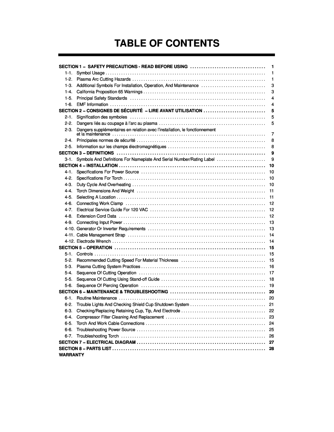 Hobart Welding Products OM-230 455D manual Table Of Contents, Safety Precautions - Read Before Using, Operation, Warranty 
