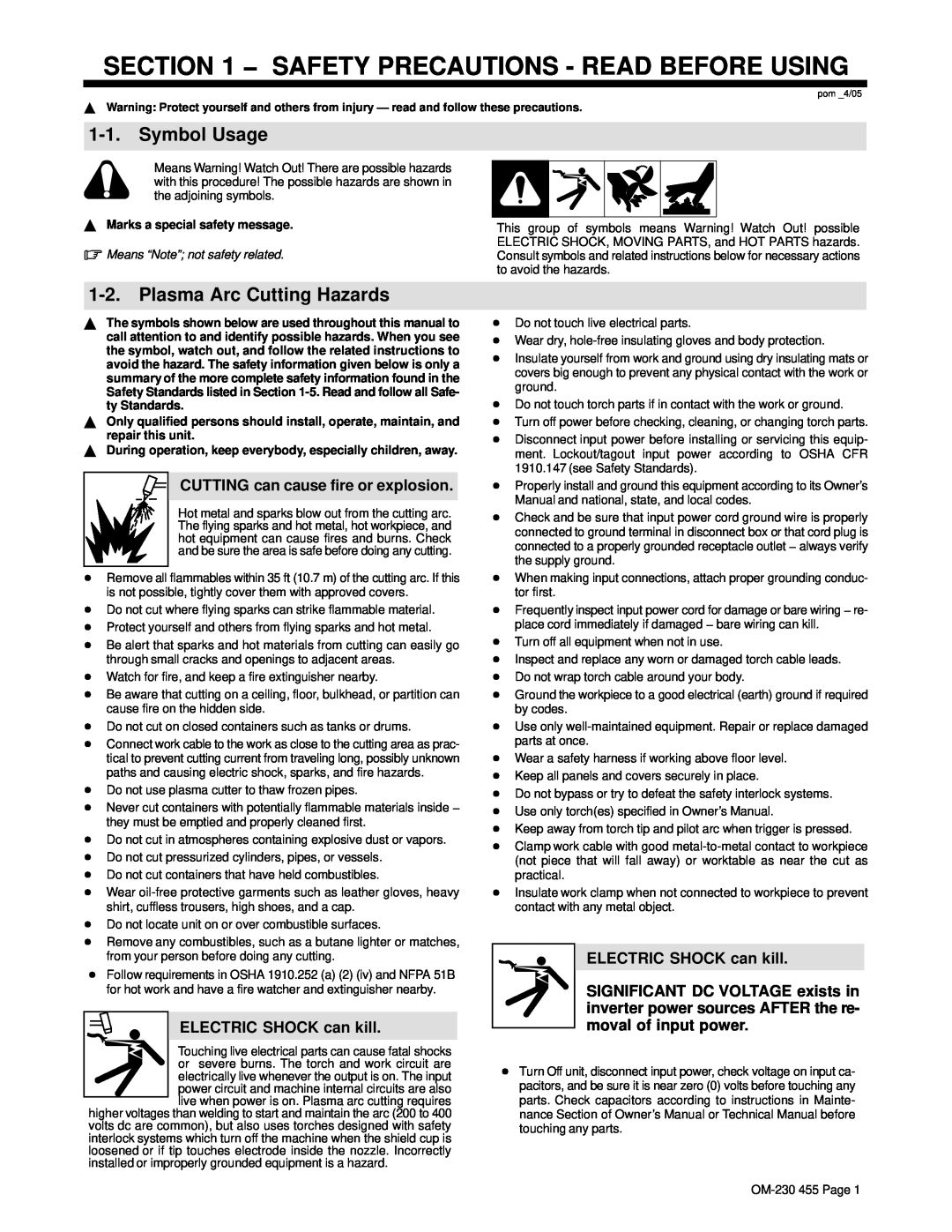 Hobart Welding Products OM-230 455D manual Symbol Usage, Plasma Arc Cutting Hazards, Safety Precautions - Read Before Using 