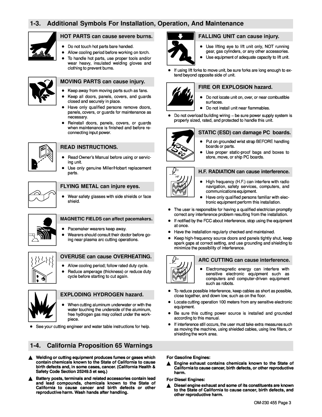 Hobart Welding Products OM-230 455D Additional Symbols For Installation, Operation, And Maintenance, Read Instructions 