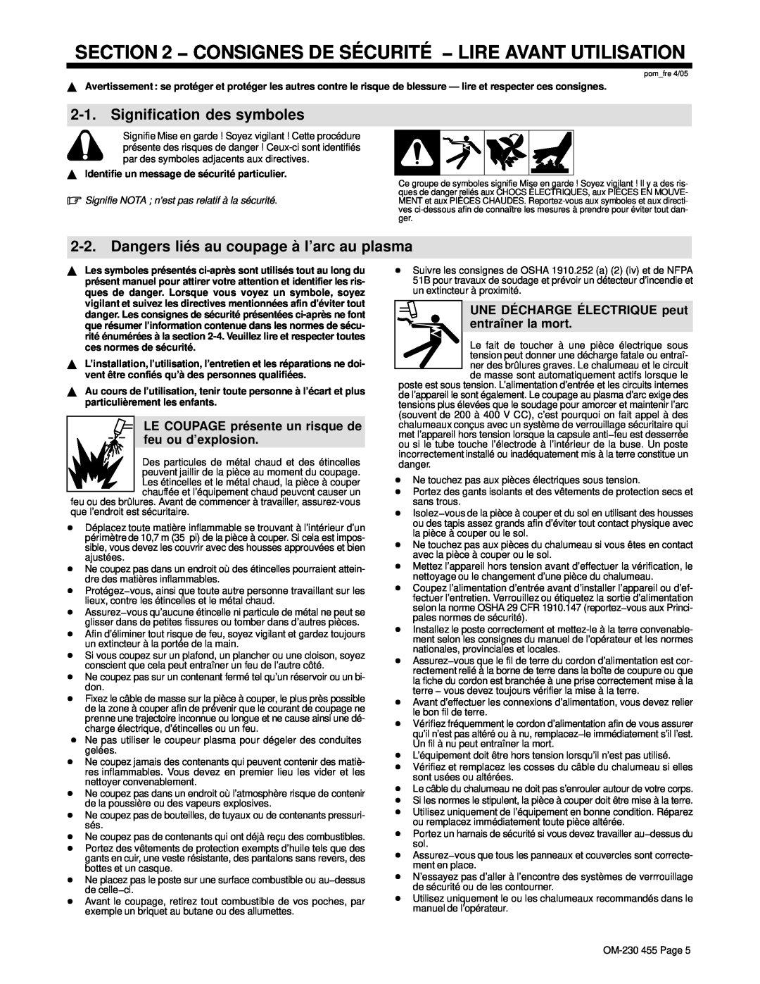 Hobart Welding Products OM-230 455D manual Signification des symboles, Dangers liés au coupage à l’arc au plasma 
