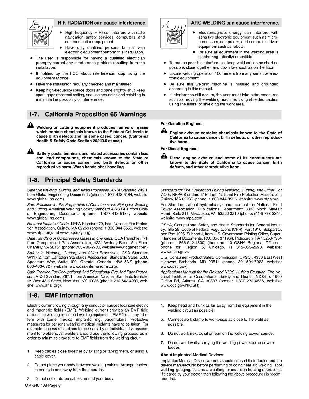 Hobart Welding Products OM-240 438B manual California Proposition 65 Warnings, Principal Safety Standards EMF Information 