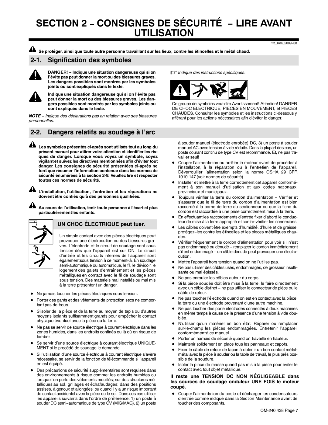 Hobart Welding Products OM-240 438B manual Consignes DE Sécurité − Lire Avant Utilisation, Signification des symboles 