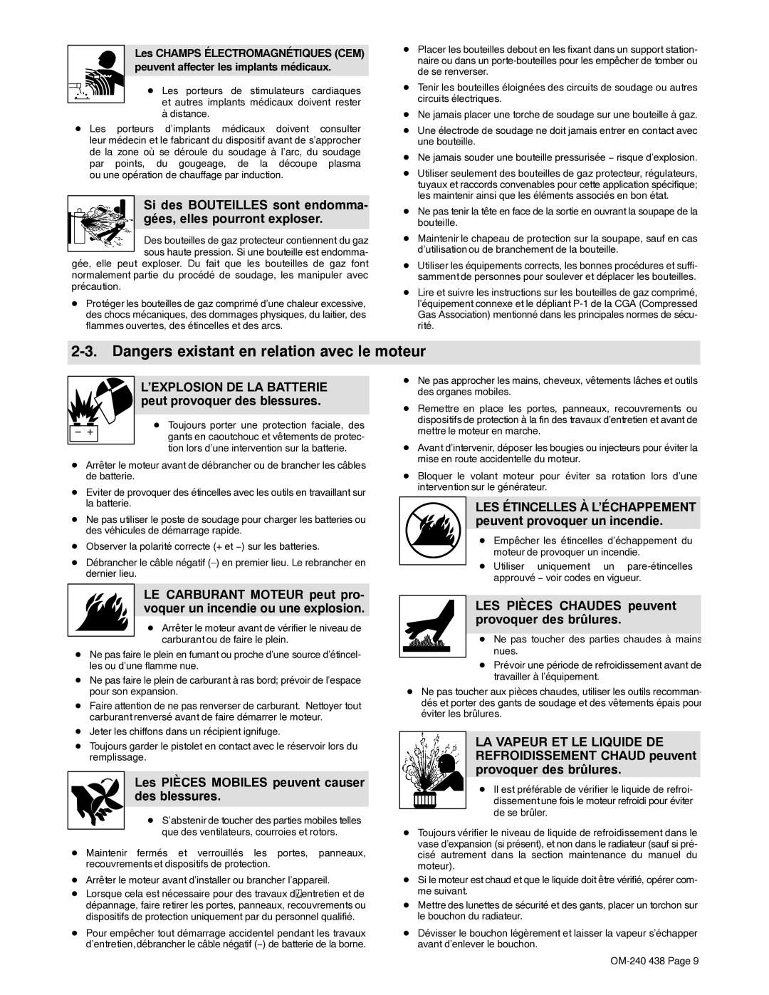 Hobart Welding Products OM-240 438B manual ’EXPLOSION DE LA Batterie peut provoquer des blessures 