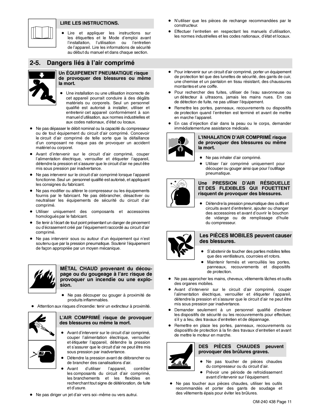 Hobart Welding Products OM-240 438B manual Lire LES Instructions 