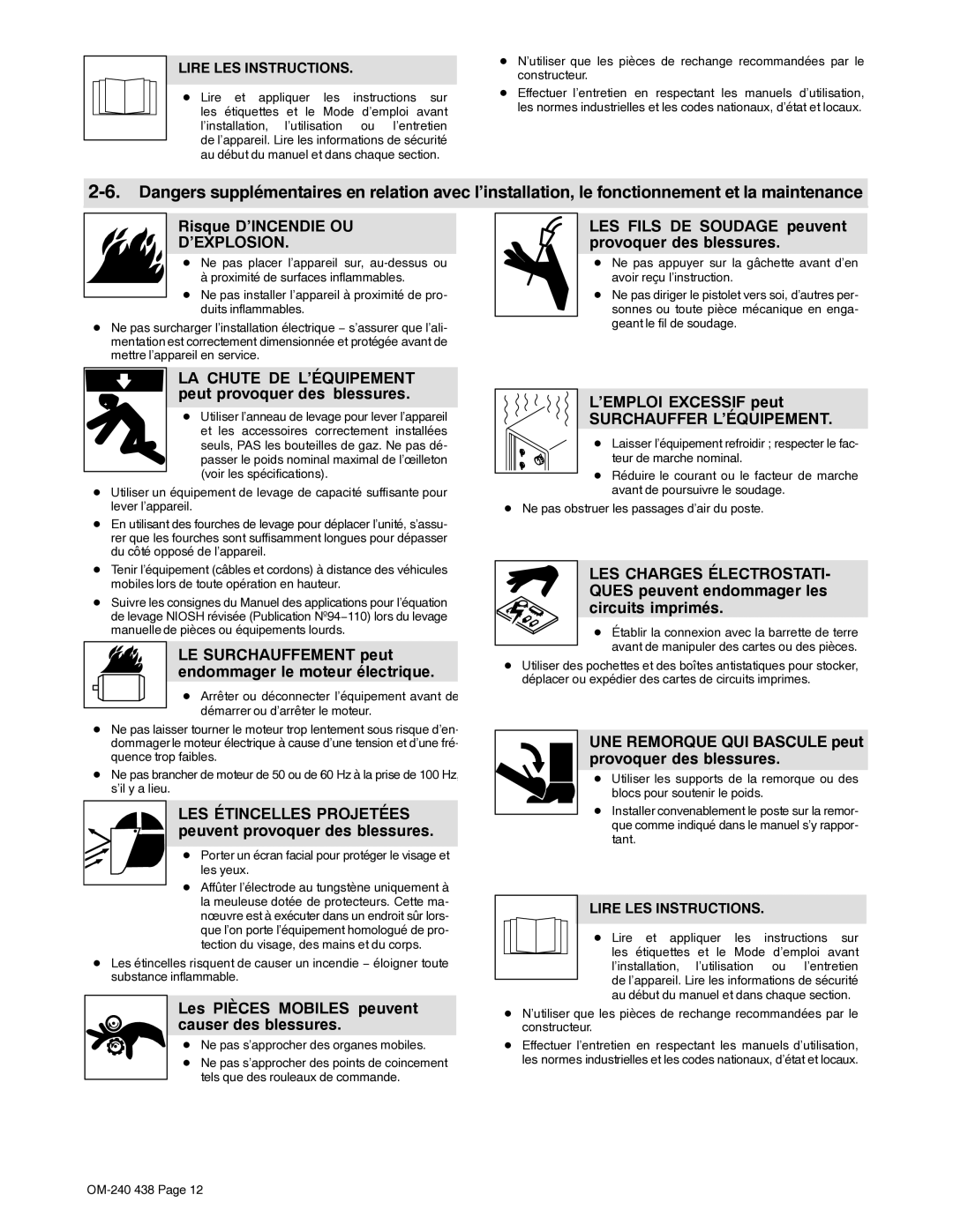 Hobart Welding Products OM-240 438B manual Risque D’INCENDIE OU, LES Fils DE Soudage peuvent provoquer des blessures 