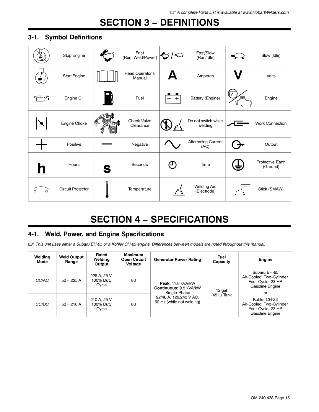 Hobart Welding Products OM-240 438B manual Symbol Definitions, Weld, Power, and Engine Specifications 