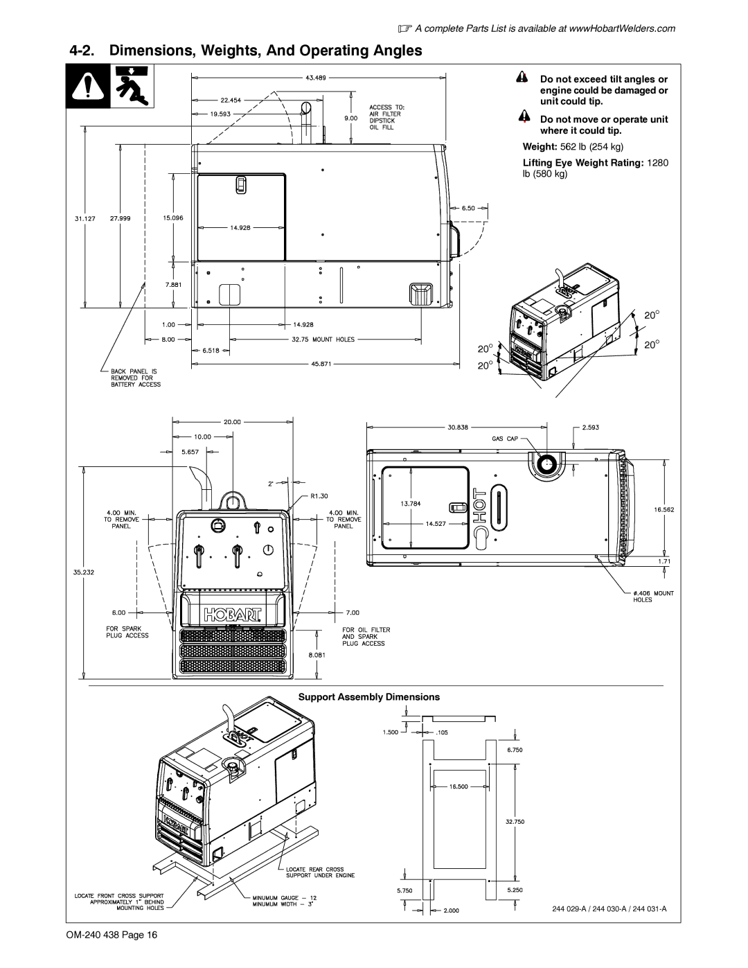 Hobart Welding Products OM-240 438B manual Dimensions, Weights, And Operating Angles, Weight 562 lb 254 kg 