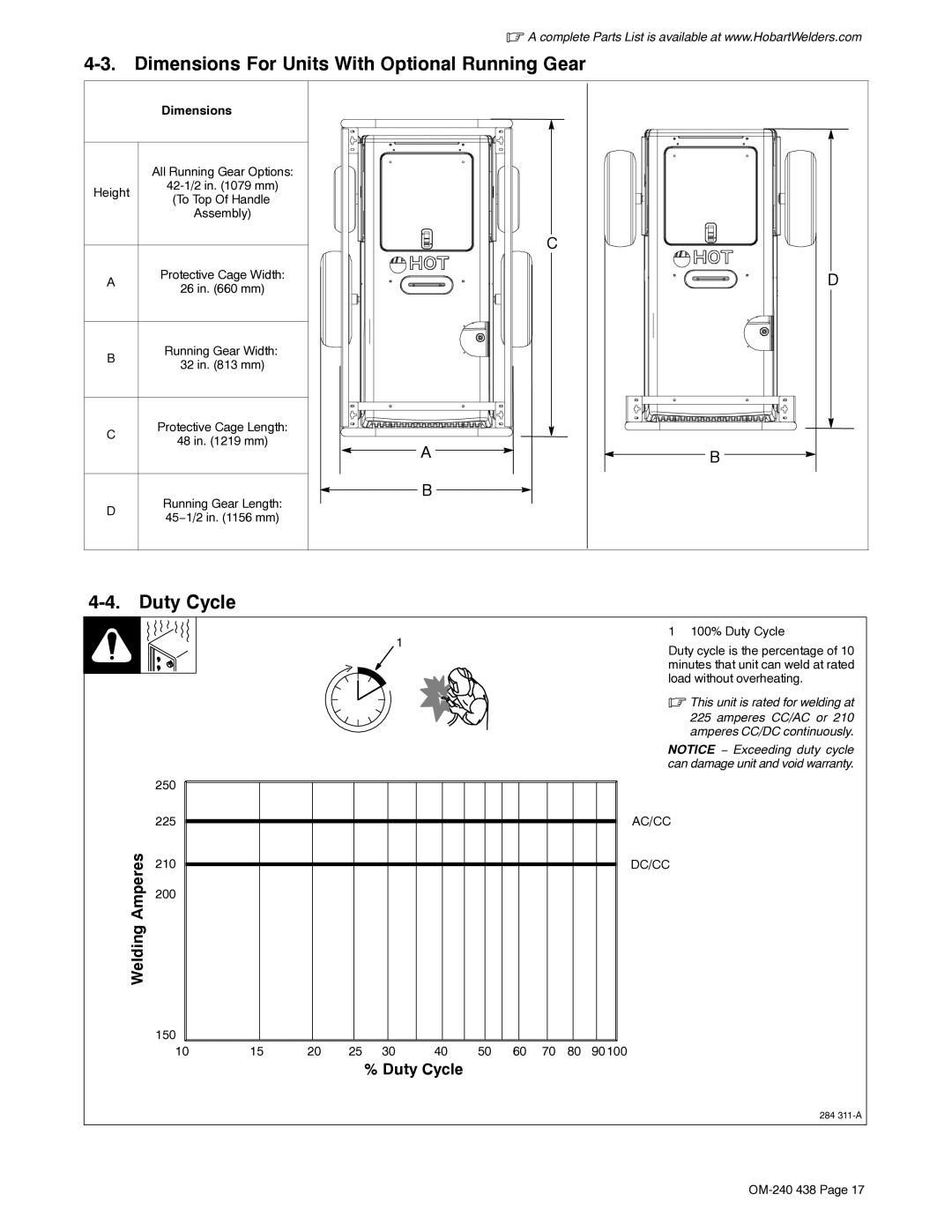 Hobart Welding Products OM-240 438B manual Dimensions For Units With Optional Running Gear, Duty Cycle, Welding Amperes 