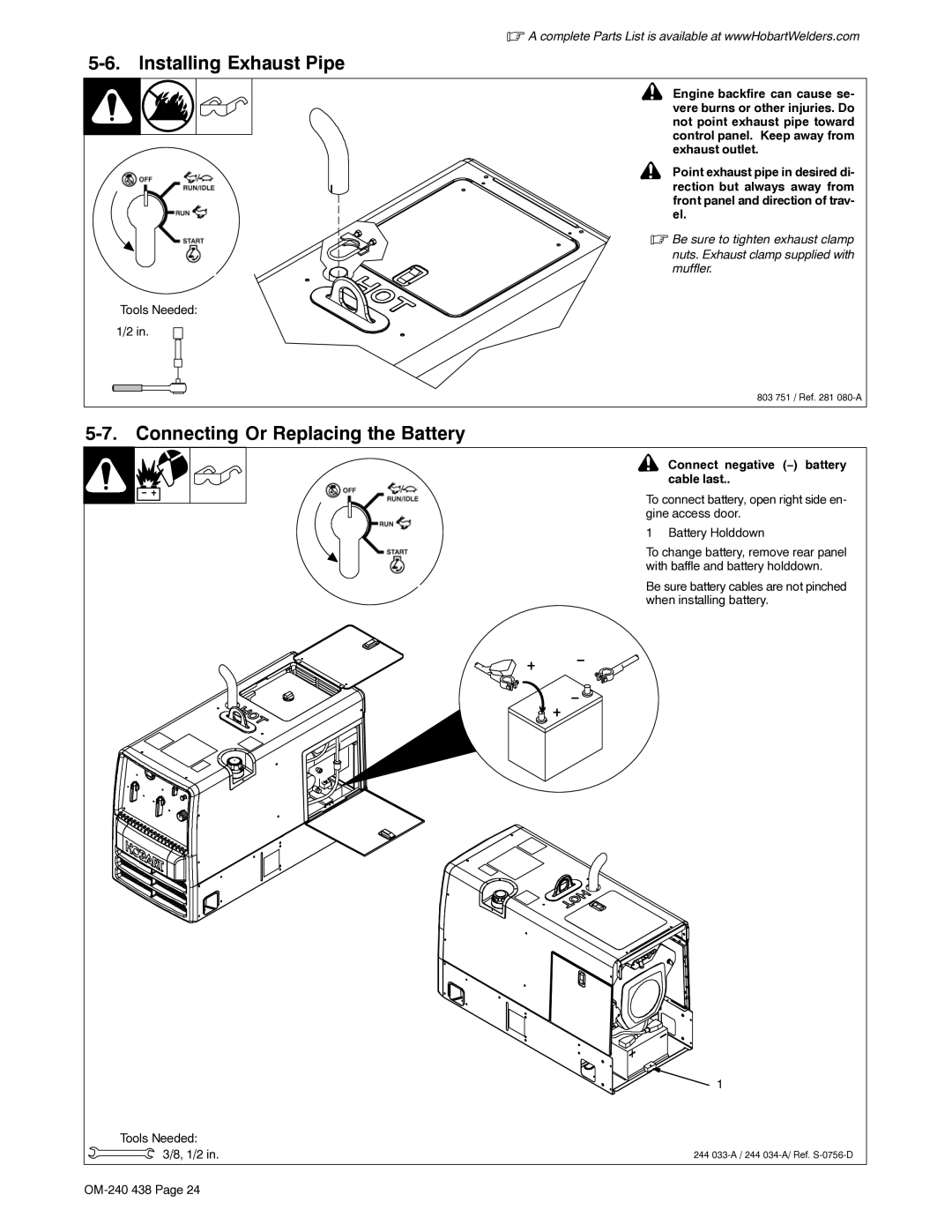 Hobart Welding Products OM-240 438B Installing Exhaust Pipe, Connecting Or Replacing the Battery, + − +, Tools Needed 1/2 