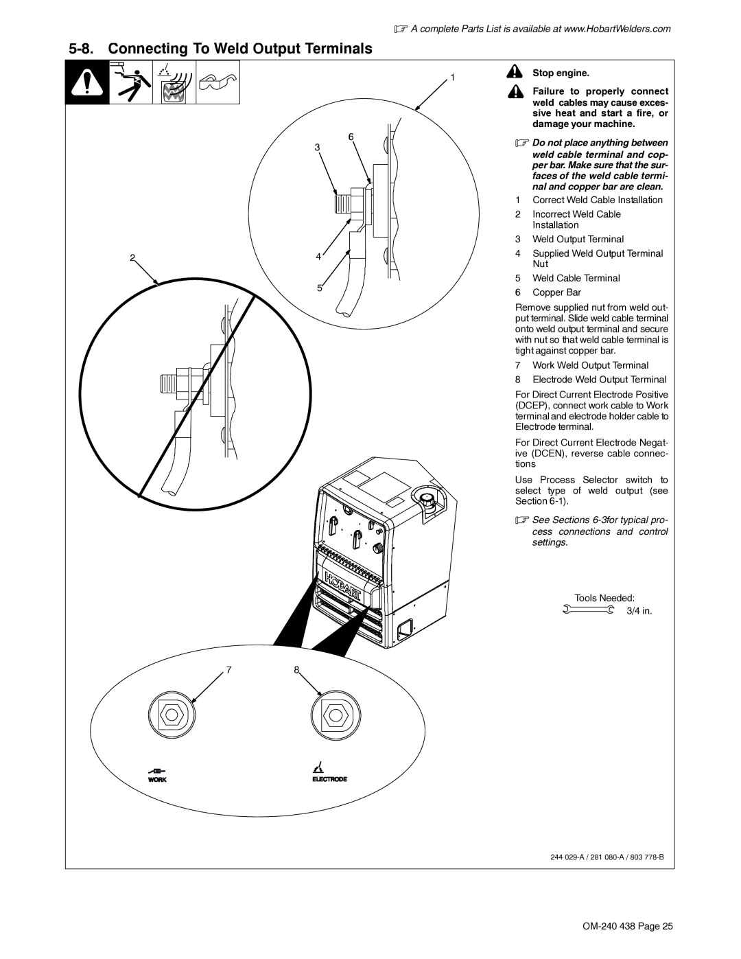 Hobart Welding Products OM-240 438B manual Connecting To Weld Output Terminals, Stop engine Failure to properly connect 