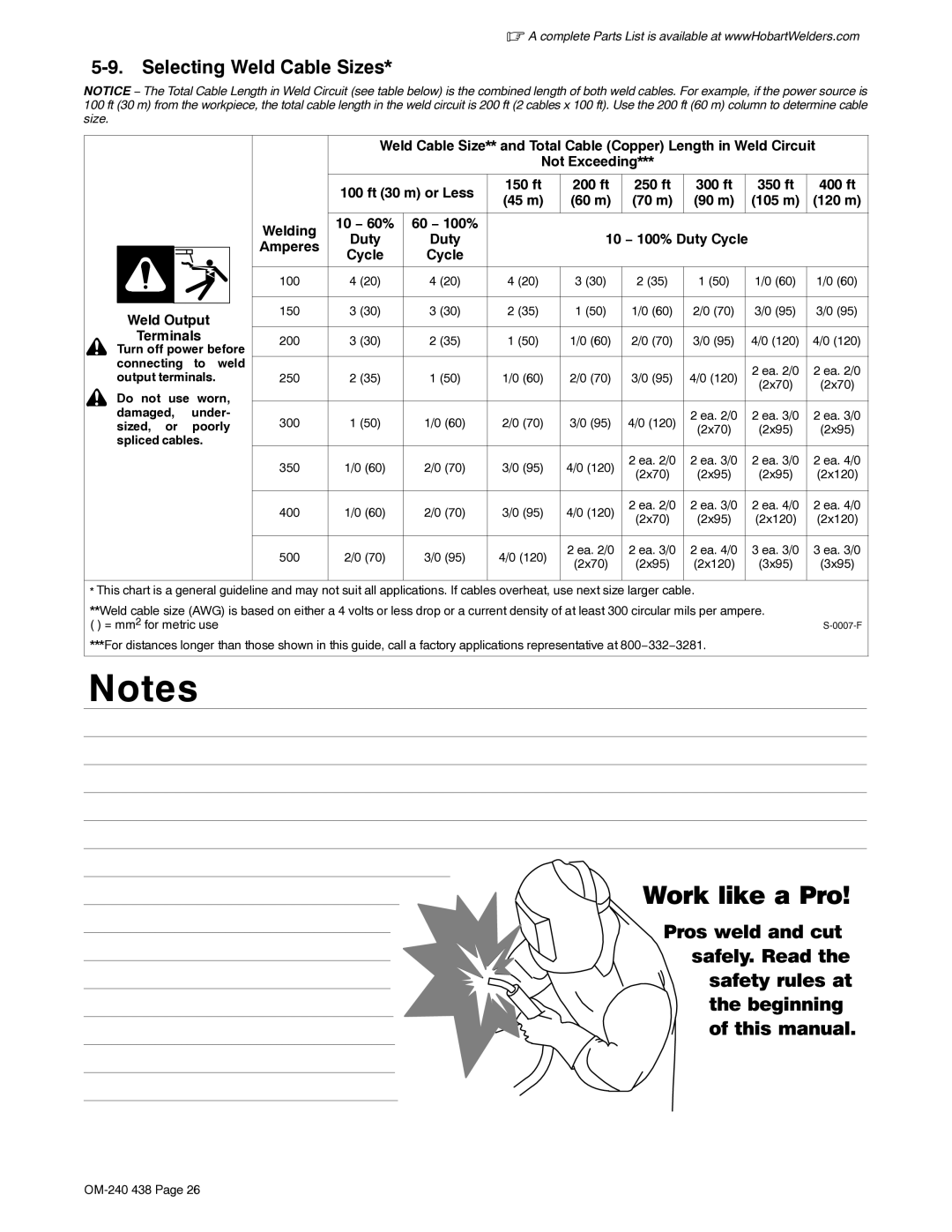 Hobart Welding Products OM-240 438B manual Selecting Weld Cable Sizes, 150 ft 200 ft 250 ft, 100 150 200 250, 500 