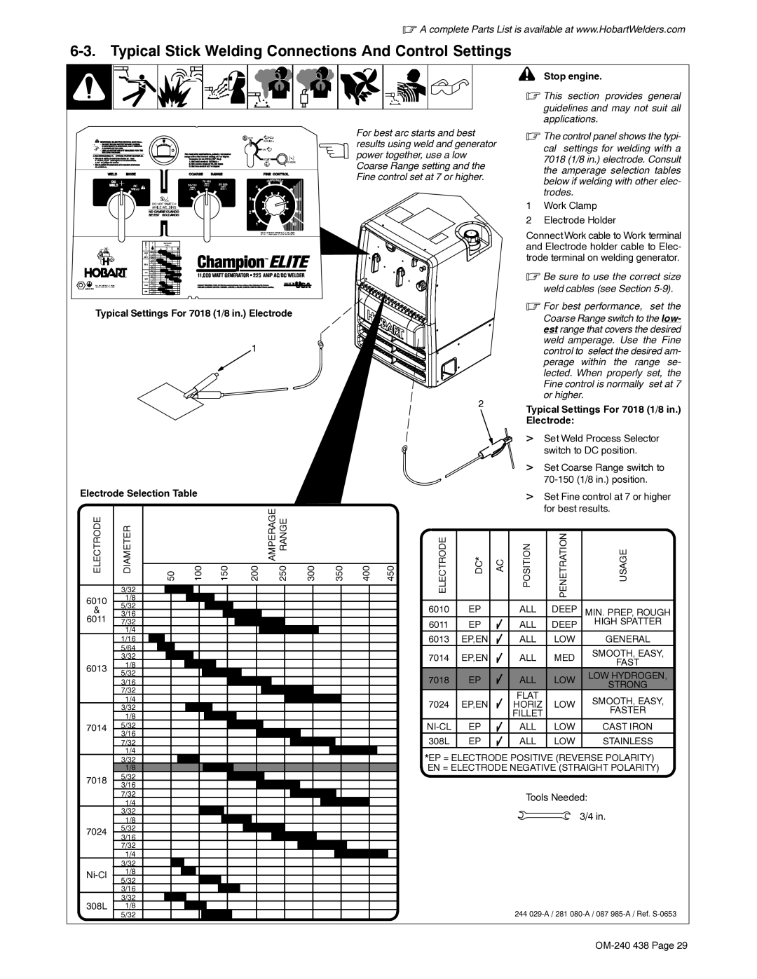 Hobart Welding Products OM-240 438B manual Typical Stick Welding Connections And Control Settings, Stop engine, Electrode 