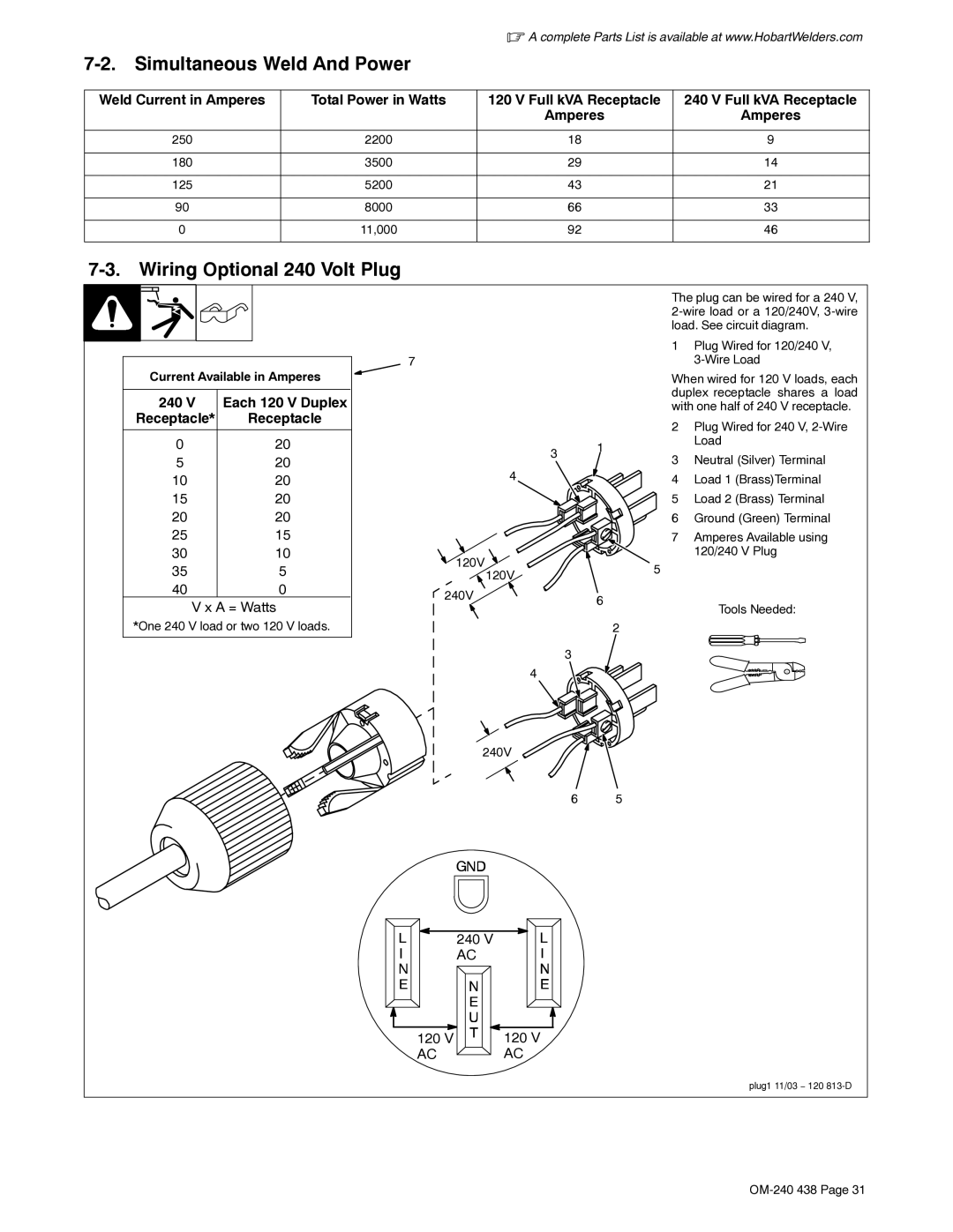 Hobart Welding Products OM-240 438B manual Simultaneous Weld And Power, Wiring Optional 240 Volt Plug, Receptacle 