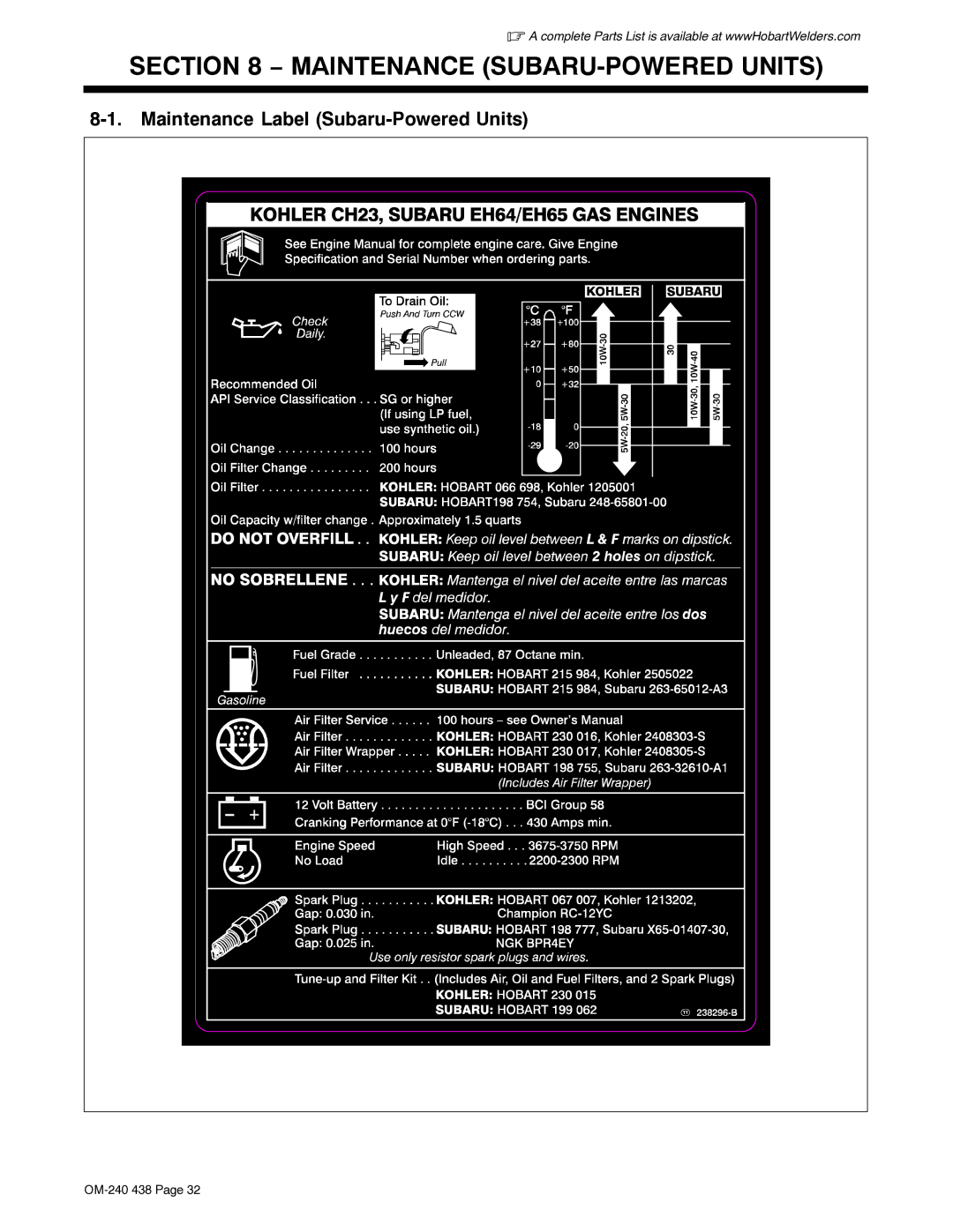 Hobart Welding Products OM-240 438B manual Maintenance SUBARU-POWERED Units, Maintenance Label Subaru-Powered Units 