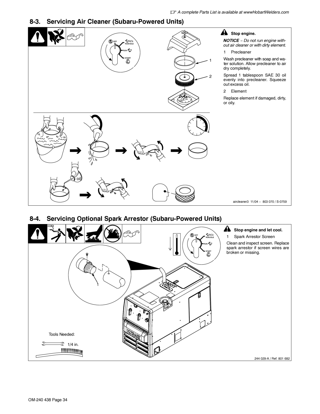 Hobart Welding Products OM-240 438B manual Servicing Air Cleaner Subaru-Powered Units, Stop engine and let cool 