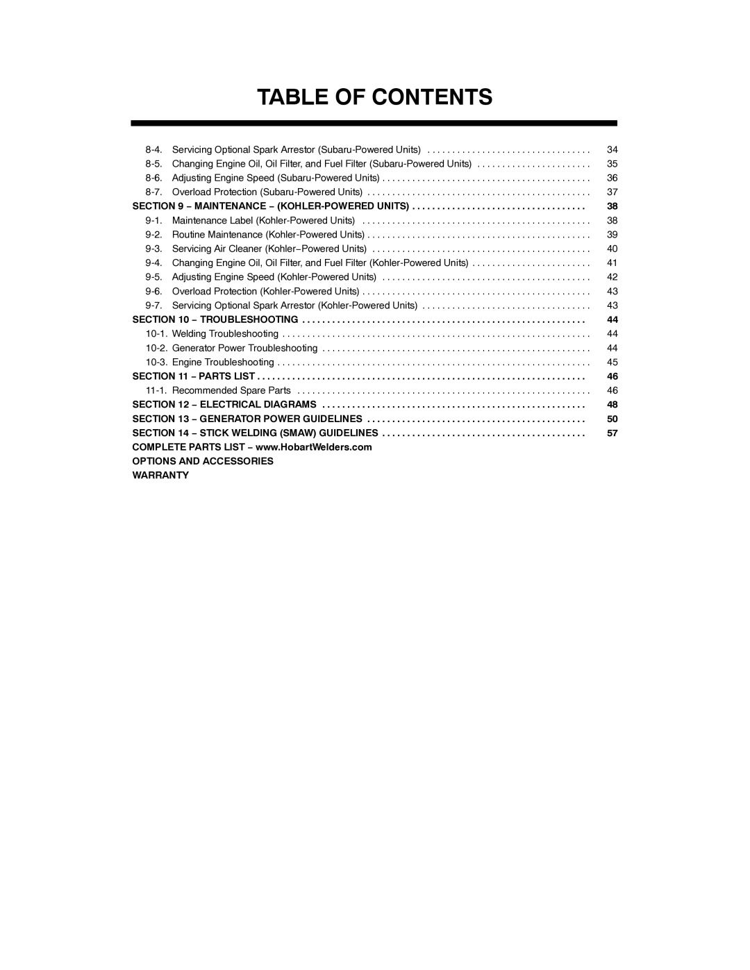 Hobart Welding Products OM-240 438B manual 10-1, 10-2, 10-3, 11-1 