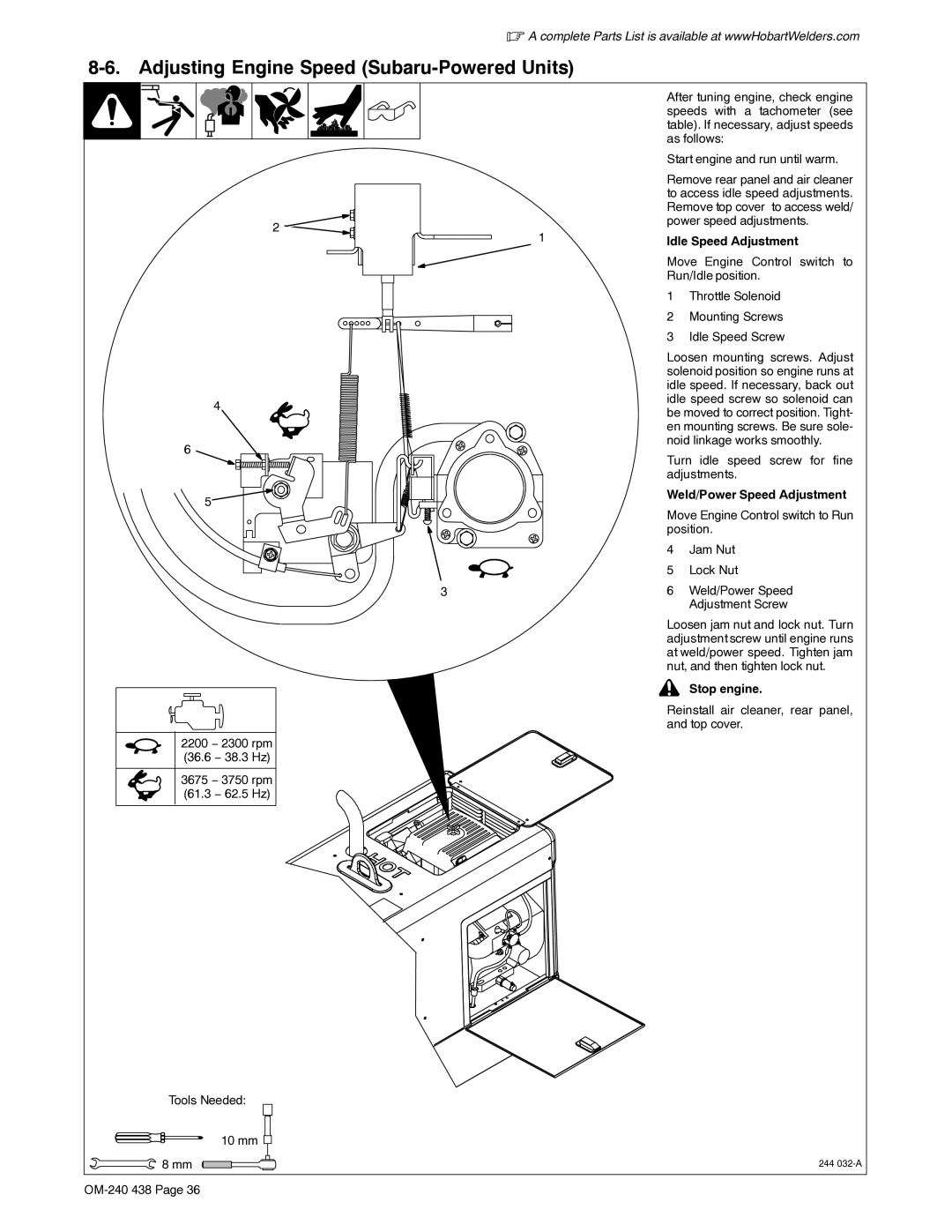 Hobart Welding Products OM-240 438B manual Adjusting Engine Speed Subaru-Powered Units, Idle Speed Adjustment 