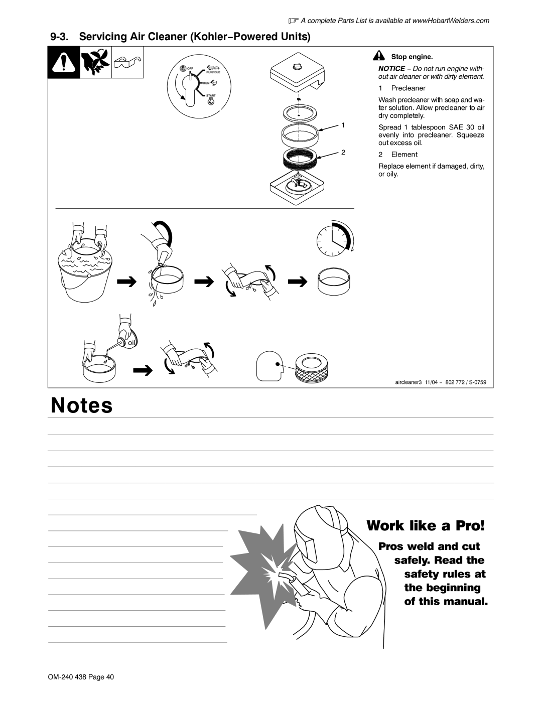 Hobart Welding Products OM-240 438B manual Servicing Air Cleaner Kohler−Powered Units, Stop engine 