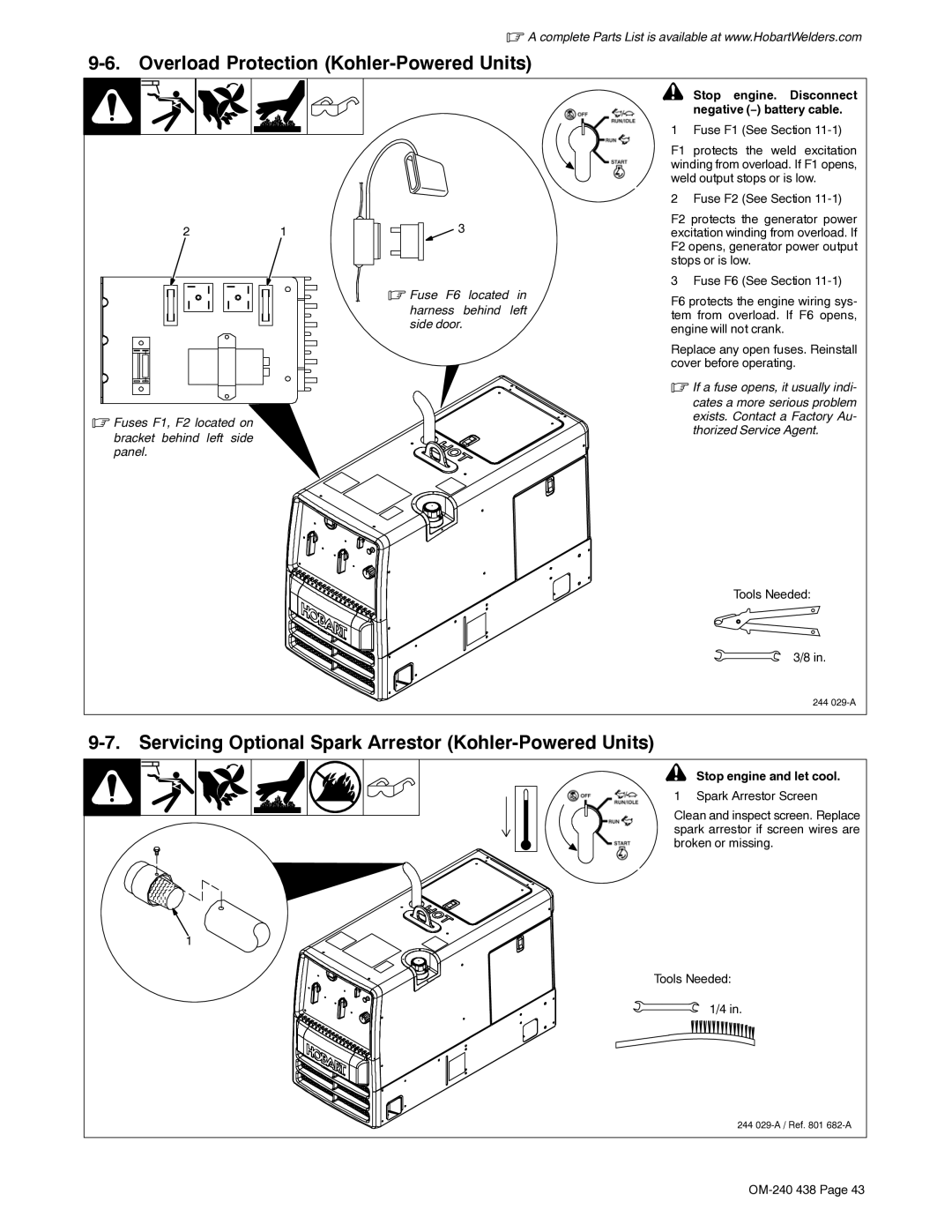 Hobart Welding Products OM-240 438B manual Overload Protection Kohler-Powered Units, If a fuse opens, it usually indi 