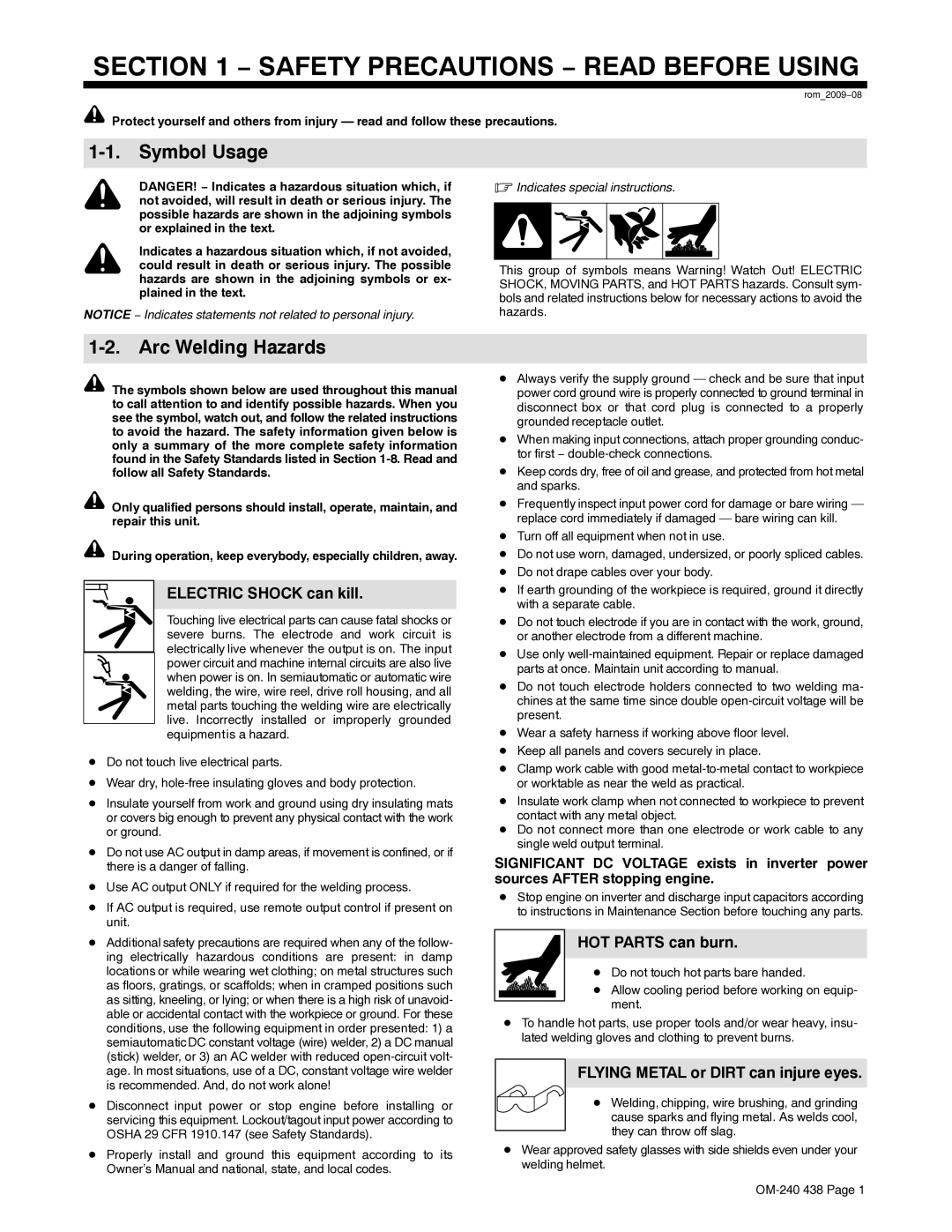 Hobart Welding Products OM-240 438B manual Symbol Usage, Arc Welding Hazards, Electric Shock can kill, HOT Parts can burn 