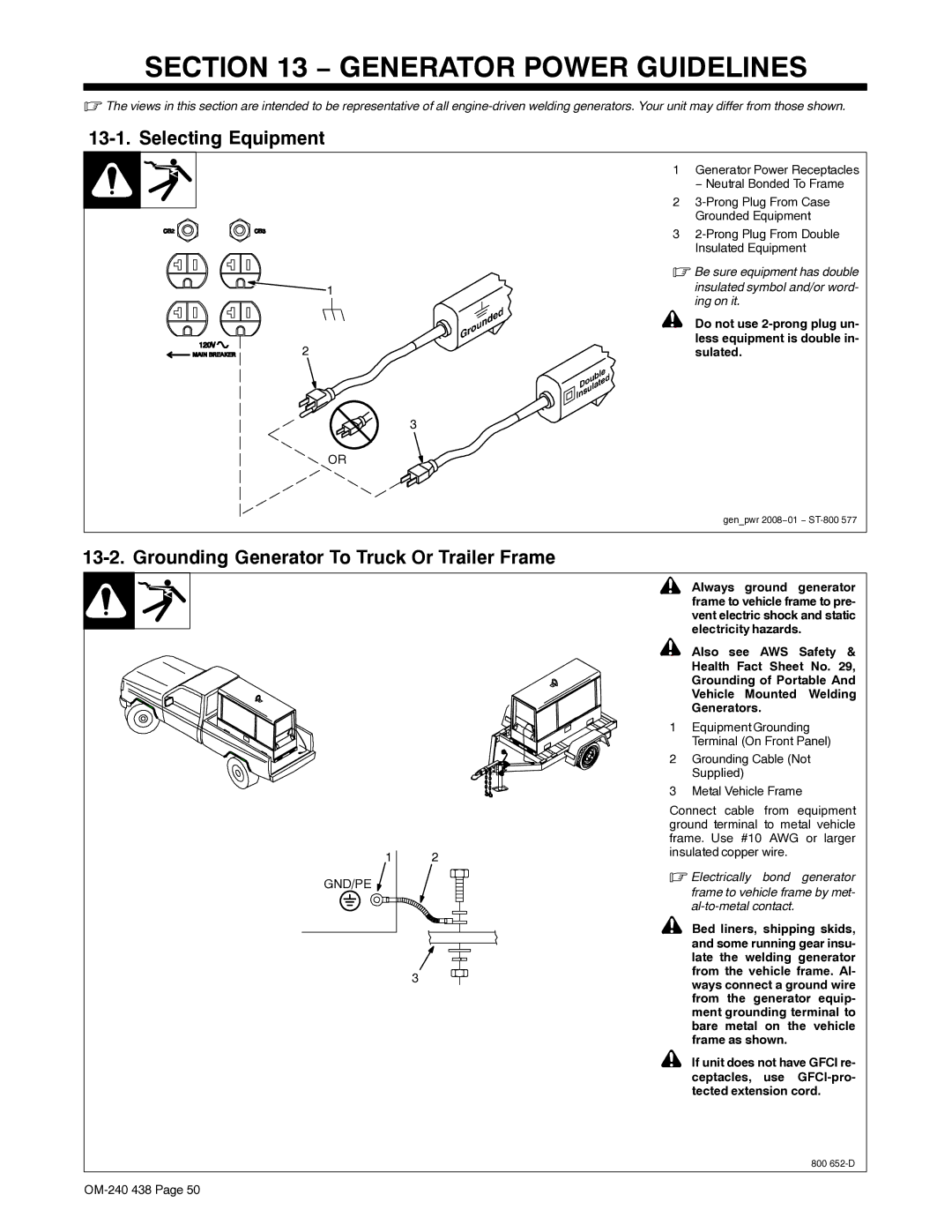 Hobart Welding Products OM-240 438B manual Generator Power Guidelines, Selecting Equipment 