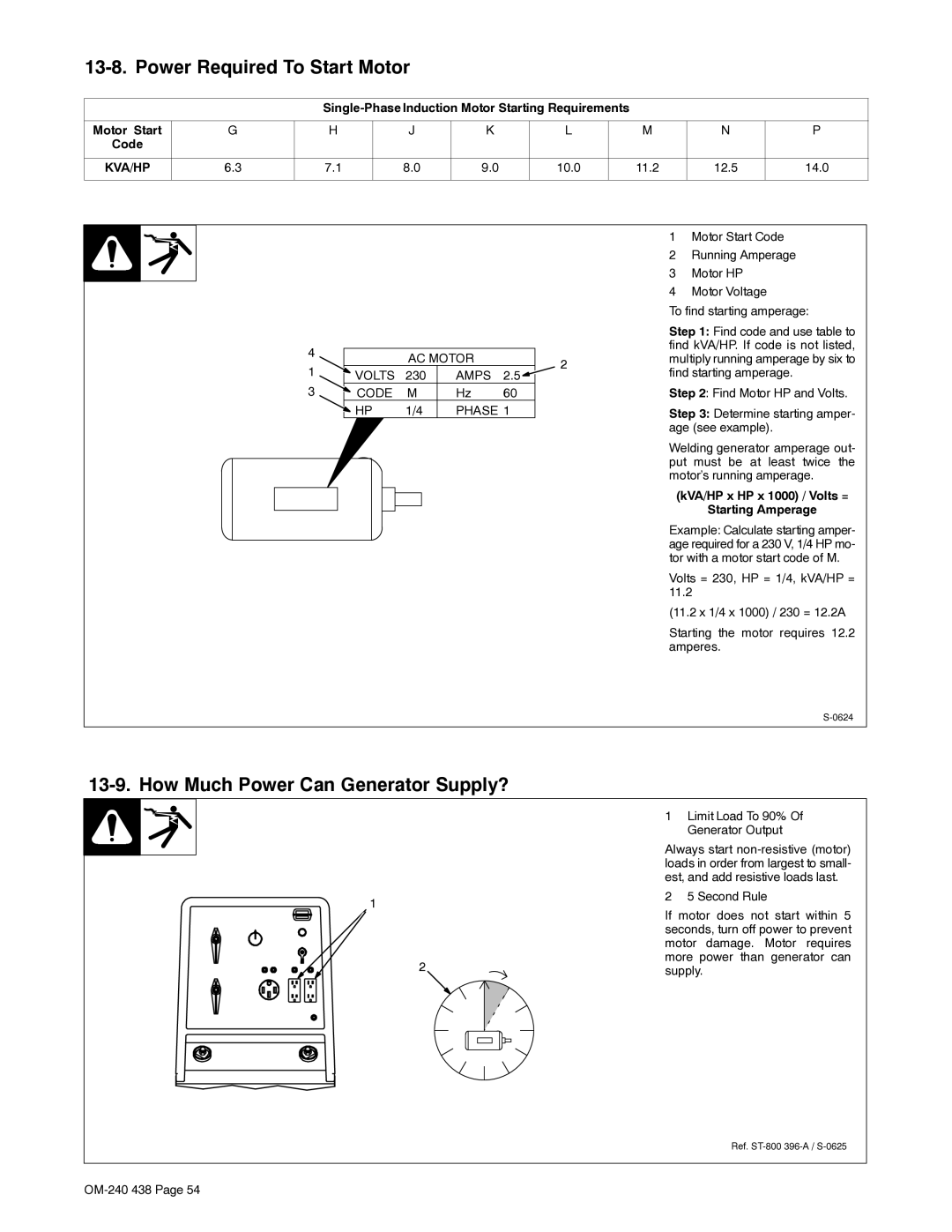 Hobart Welding Products OM-240 438B manual Power Required To Start Motor, How Much Power Can Generator Supply? 