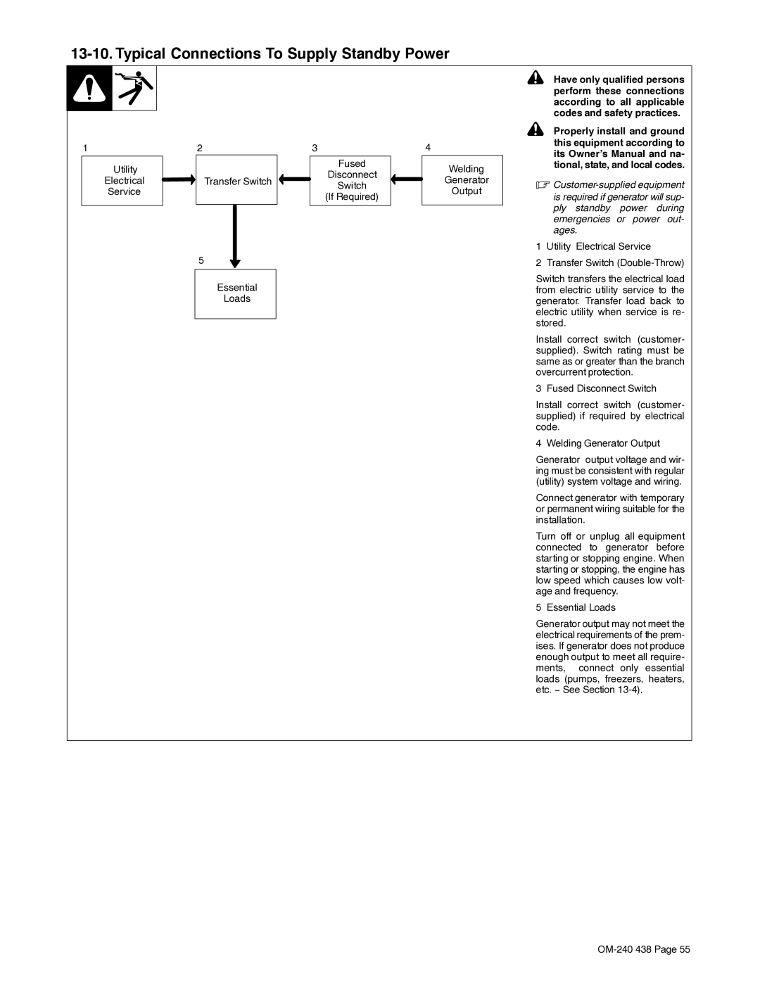 Hobart Welding Products OM-240 438B manual Typical Connections To Supply Standby Power, Tional, state, and local codes 