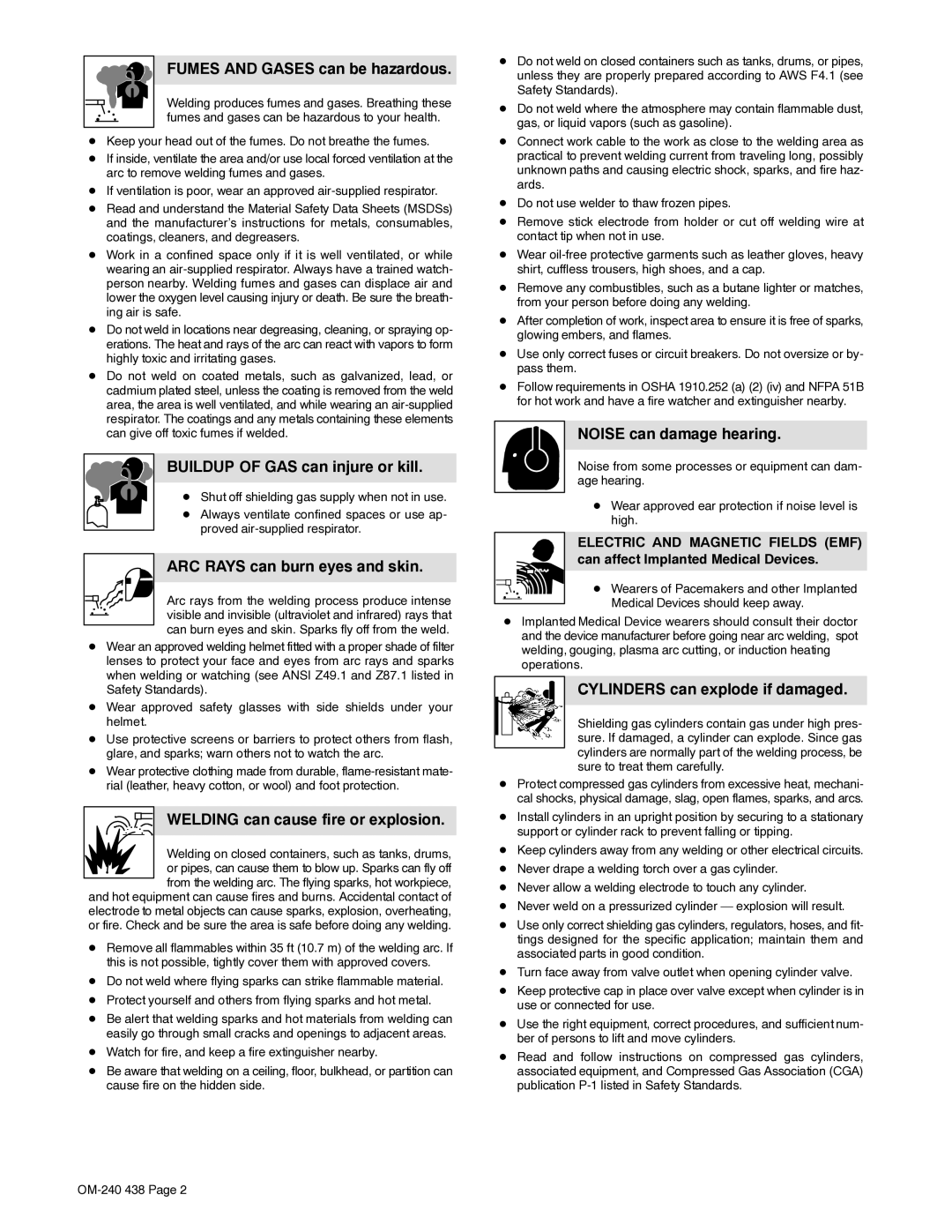 Hobart Welding Products OM-240 438B manual Fumes and Gases can be hazardous, Buildup of GAS can injure or kill 