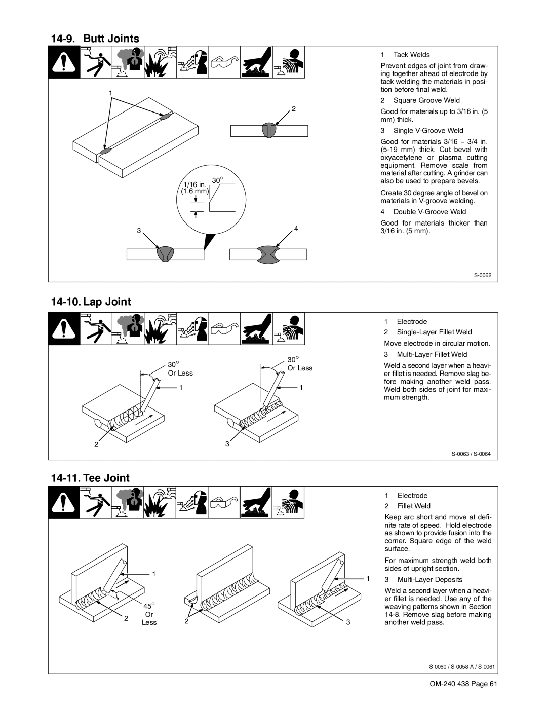 Hobart Welding Products OM-240 438B manual Butt Joints, Lap Joint, Tee Joint 