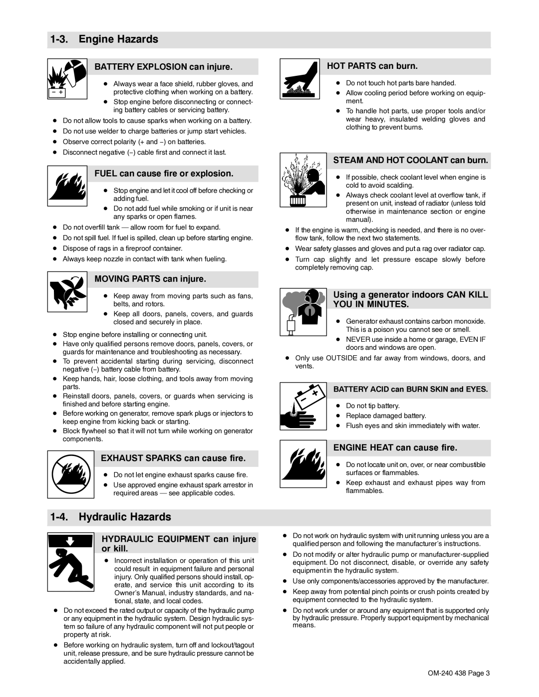 Hobart Welding Products OM-240 438B manual Engine Hazards, Hydraulic Hazards 