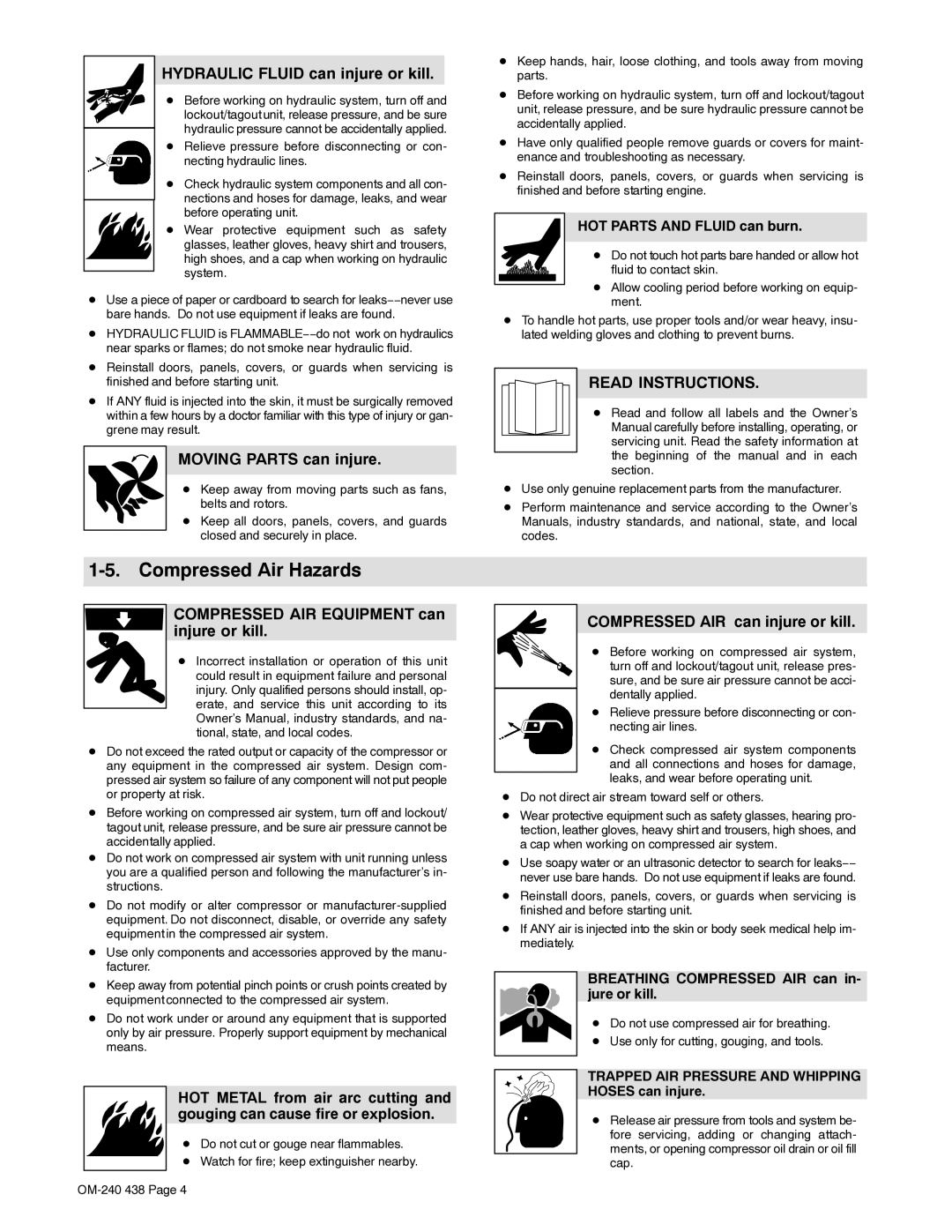 Hobart Welding Products OM-240 438B manual Compressed Air Hazards, Hydraulic Fluid can injure or kill 