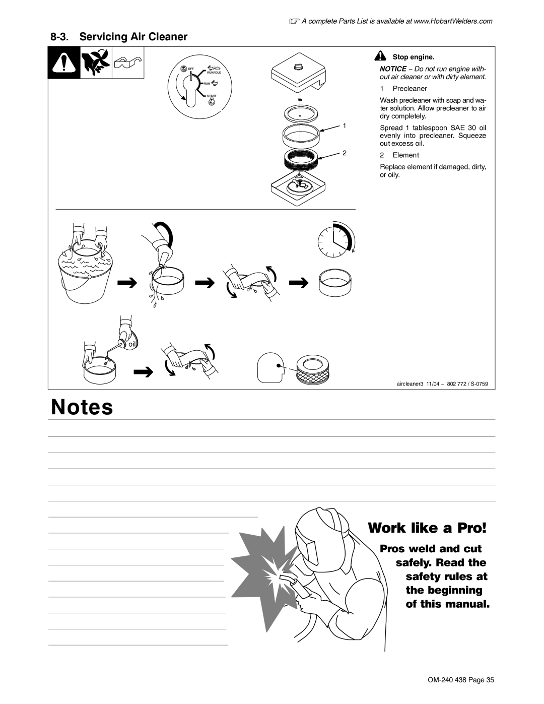 Hobart Welding Products OM-240 438E manual Servicing Air Cleaner, Stop engine 